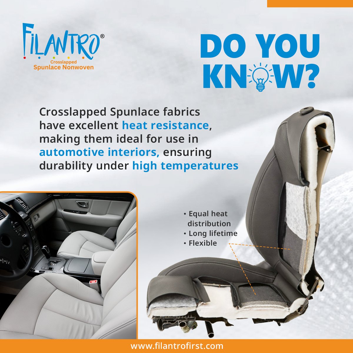FilantroFirst's tweet photo. Did You Know?

Filantro’s Crosslapped Spunlace fabrics offer exceptional heat resistance, making them the perfect choice for automotive interiors. 
Discover more: https://t.co/qTBKQOy4kj
📧: info@filantrofirst.com

#Filantro #FilantroFirst #Spunlace #Crosslapped #SpunlaceFabric https://t.co/Y1WN5Guy7J