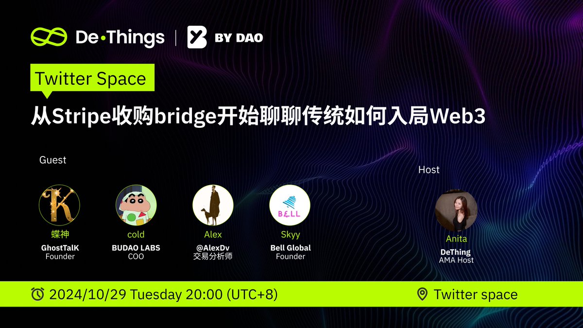 DeThings (@dethingsnews) on Twitter photo 🚀 DeThings * BY DAO AMA: 从Stripe收购bridge开始聊聊传统如何入局Web3
⏰ Oct 29 Tuesday 20:00 (UTC+8)
🎙️ HOST <a href="/bydao_cn/">BY DAO</a> & <a href="/DeThingsNews/">DeThings</a> ( by <a href="/Anitahityou/">Anita Qu 🔶/acc</a>)
👨 Guests:
👉 <a href="/GhostTalkDao/">GhostTalK</a>: 蝶神, GhostClub&GhostTalk Web3 founder
👉 <a href="/Bu_dao_labs/">BUDAO LABS</a>: cold (<a href="/coolcold33/">cold</a>), COO
👉 @AlexDv 🚀 DeThings * BY DAO AMA: 从Stripe收购bridge开始聊聊传统如何入局Web3
⏰ Oct 29 Tuesday 20:00 (UTC+8)
🎙️ HOST <a href="/bydao_cn/">BY DAO</a> & <a href="/DeThingsNews/">DeThings</a> ( by <a href="/Anitahityou/">Anita Qu 🔶/acc</a>)
👨 Guests:
👉 <a href="/GhostTalkDao/">GhostTalK</a>: 蝶神, GhostClub&GhostTalk Web3 founder
👉 <a href="/Bu_dao_labs/">BUDAO LABS</a>: cold (<a href="/coolcold33/">cold</a>), COO
👉 @AlexDv