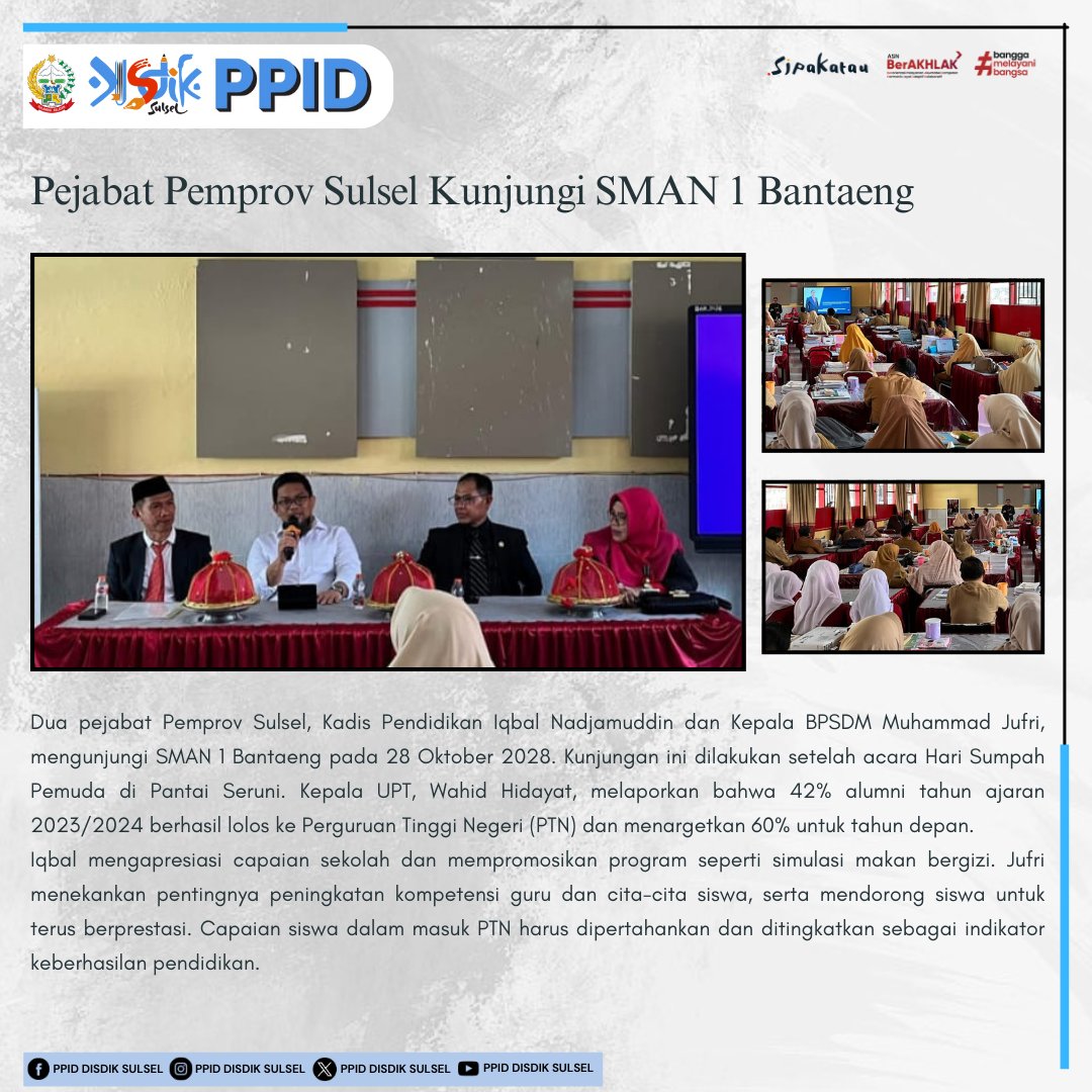 ppid_disdik's tweet photo. Dua pejabat Pemprov Sulsel, Kadis Pendidikan Iqbal Nadjamuddin dan Kepala BPSDM Muhammad Jufri, mengunjungi SMAN 1 Bantaeng pada 28 Oktober 2028. Kunjungan ini dilakukan setelah acara Hari Sumpah Pemuda di Pantai Seruni. 

 baca selengkapnya >> https://t.co/DvJZkWYWth https://t.co/DwpkB8phlx