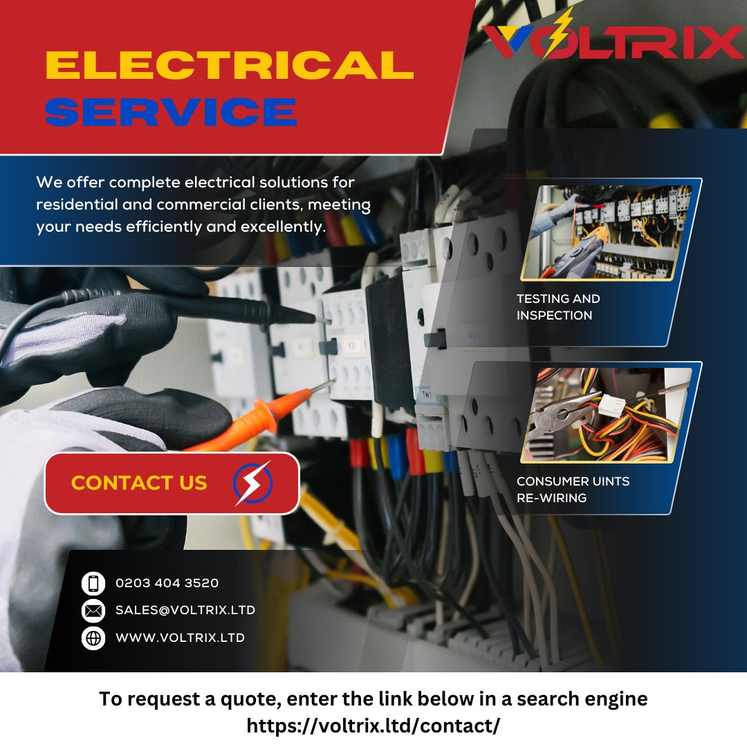 's tweet image. ELECTRICAL SERVICE ! #voltrix #consumerunits #rewiring #testing #inspection #electrical #electricalinstallation #electricalsafety #electricalservices #installations #electrician #Electricalwires