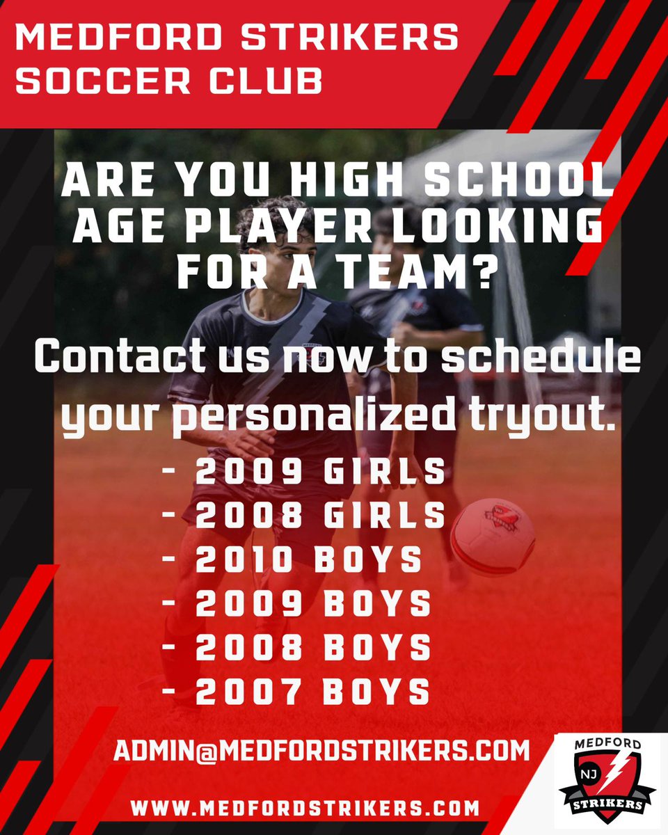 Calling High School Aged Players! Join a club with a strong history of putting players on the path to college commitments. @medfordstrikerssc <a href="/coachgalanis/">Coach Galanis</a> #medfordstrikerssc #medfordstrikers #medfordstrikerssoccerclub #strikers #coachgalanis #usys #njys