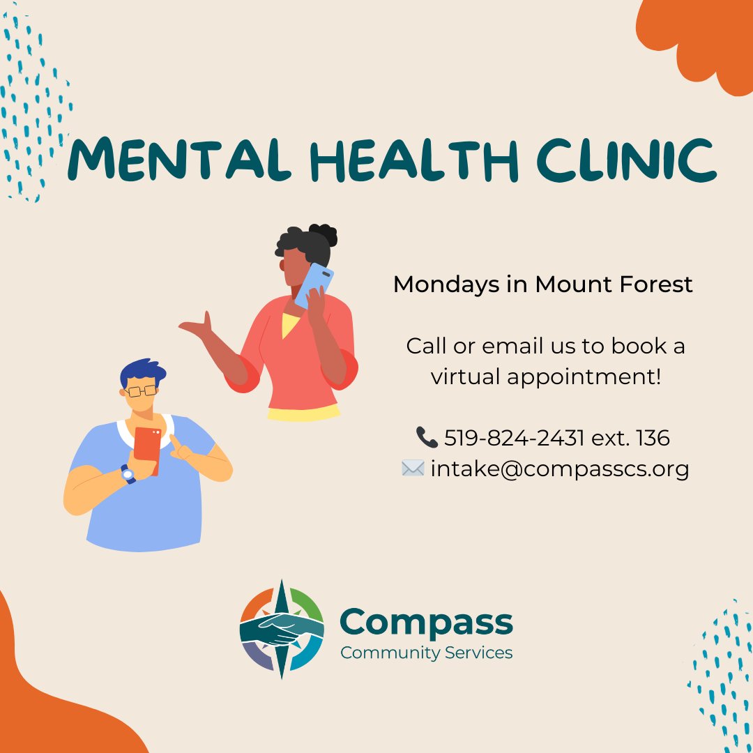 CompassCSGW (@compass_csgw) on Twitter photo If you need mental health support today, we run clinics every Monday in #MountForest.
Call or email us after 9 am to schedule a same-day, virtual appointment by video/phone.
📞 519-824-2431 ext. 136
✉️ intake@compasscs.org If you need mental health support today, we run clinics every Monday in #MountForest.
Call or email us after 9 am to schedule a same-day, virtual appointment by video/phone.
📞 519-824-2431 ext. 136
✉️ intake@compasscs.org