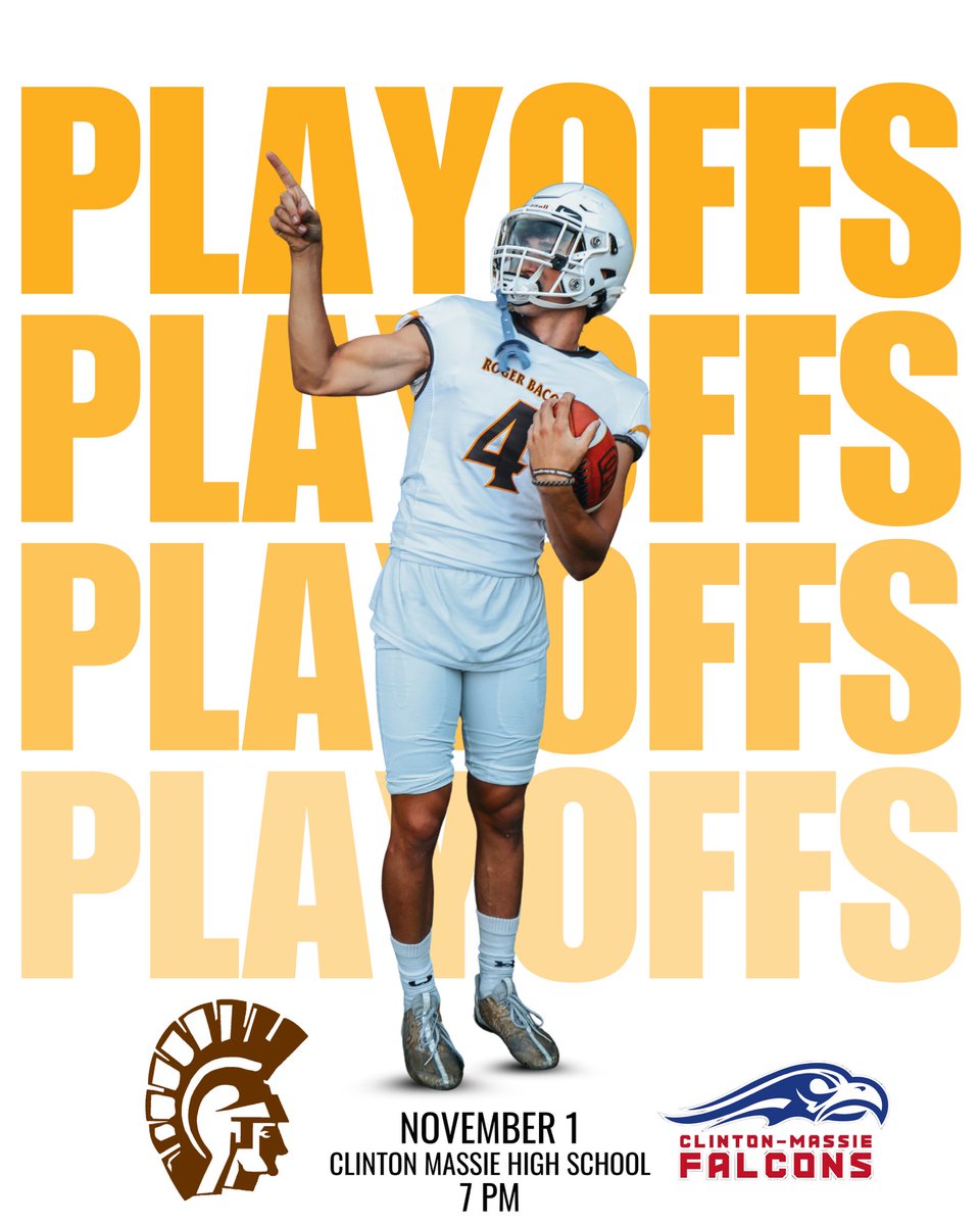 𝐏𝐥𝐚𝐲𝐨𝐟𝐟𝐬

<a href="/RogerBaconFB/">Roger Bacon Football</a> (6-4) travels to Clinton Massie (8-2) on Friday for the opening round of the OHSAA Playoffs!

⌚️ 7 PM
TICKETS: ohsaa.org/tickets

#HailSpartans