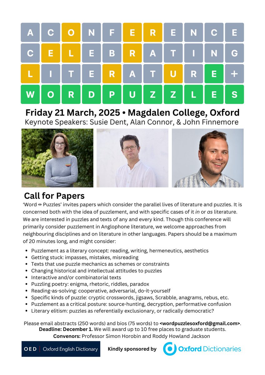 Roddy HJ (@roddyhj) on Twitter photo We're excited to invite papers for "Word ↔ Puzzles", a conference at <a href="/magdalenoxford/">Magdalen College</a> in 2025. We're excited to invite papers for "Word ↔ Puzzles", a conference at <a href="/magdalenoxford/">Magdalen College</a> in 2025.