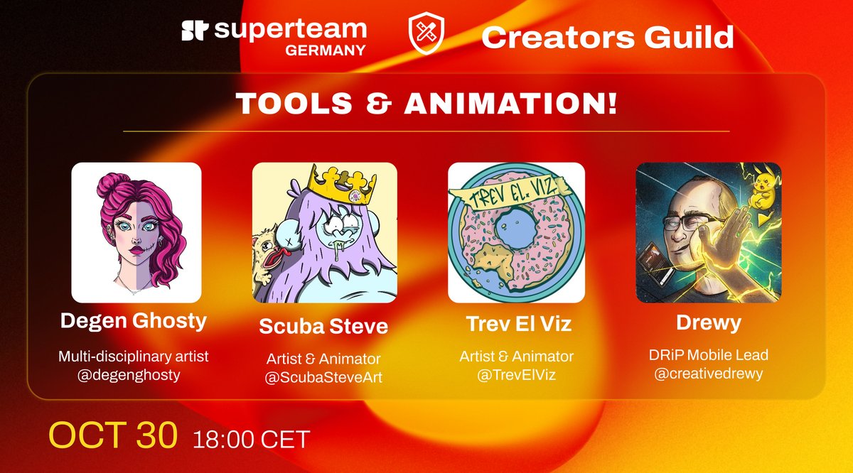 CREATOR'S GUILD v10 TOOLS &amp; ANIMATION! See how creators can leverage AI in their work &amp; learn everything about <a href="/SOL_Animate/">SOLanimation Fest</a> Festival &amp; new @DRiP Mobile!

⏰ Oct 30th, 6PM CET
🎙️ Speakers: <a href="/degenghosty/">degen ghosty</a>, <a href="/ScubaSteveArt/">Scuba</a>, <a href="/TrevElViz/">Trev El. Viz 🛸</a>, <a href="/creativedrewy/">Andrew</a>
🔗 RSVP: x.com/i/spaces/1kvKp…