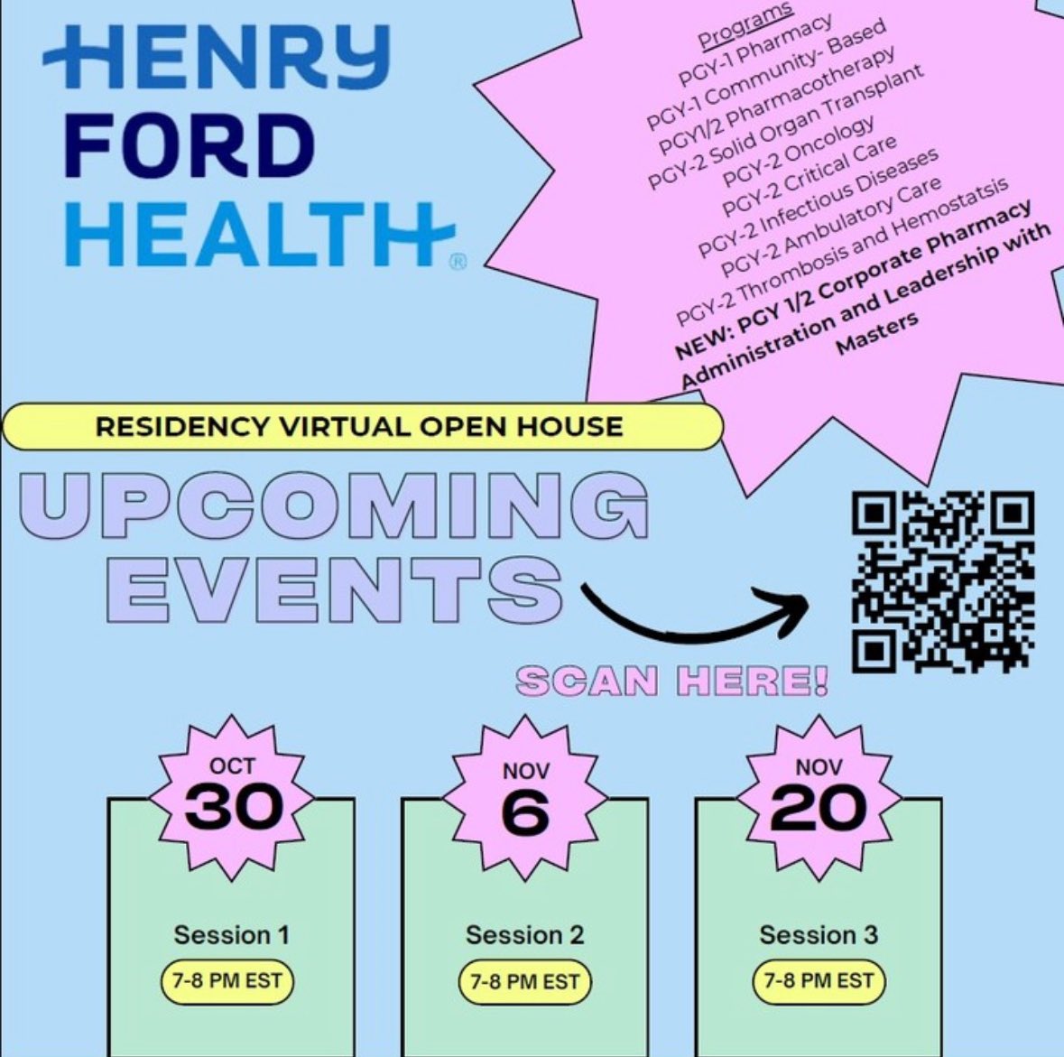We’re hosting multiple 🆓 virtual open houses before <a href="/ASHPOfficial/">ASHP</a> midyear! All <a href="/HFHPharmRes/">Henry Ford Hospital Pharmacy Residency</a> programs will be represented. Sign up via the QR code! You can also catch @ the 🆓 <a href="/SNPhA/">SNPhA</a> x <a href="/ACCP/">ACCP</a> virtual event on 11/13! 🗓️#pharmacy #pharmres #pharmacyresidency #ashp #accp
