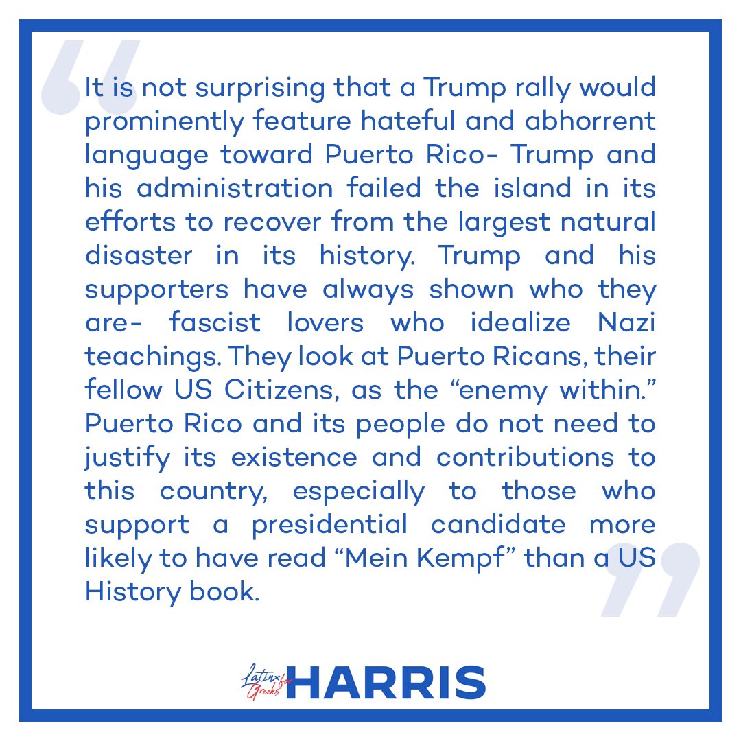 LG4Harris's tweet photo. Our response to yesterday’s hate filled rhetoric regarding Puerto Rico at Madison Square Garden. Make no mistake, we cannot allow this to continue. We ultimately hold the keys to our future familia. ¡Ponte las pilas y Pa’lante! https://t.co/Dwm4sdgco3