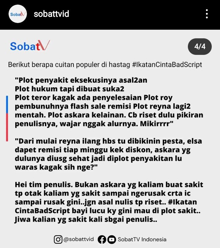 devielvina's tweet image. Liat aja contoh komen2 penonton IC, kagak ada yg minta gremet2 aladin, semua mikirin plot yg kek 💩
Berharap sinet indo berubah, tapi ya apadaya PH nya kek taik apalagi produser nya 🤣

Boleh diliat gimana sadisnya komen2 di hestek
#IkatanCintaBadScript
#IkatanCintaBadWriters