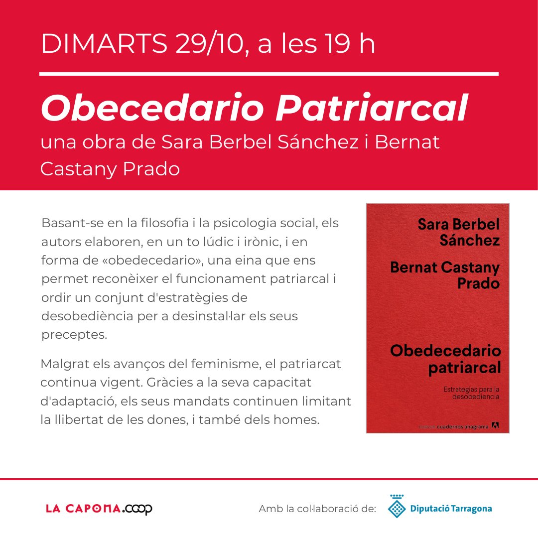 🔔Obecedario Patriarcal🔔

✊L'obedecedario és una eina que permet reconèixer el funcionament patriarcal i ordir estratègies de desobediència per a desinstal·lar els seus preceptes.

👉Obra de <a href="/saraberbels/">Sara Berbel Sánchez</a> i <a href="/dinolanti/">Bernat Castany Prado</a> 

🥰Us esperem a La Capona!