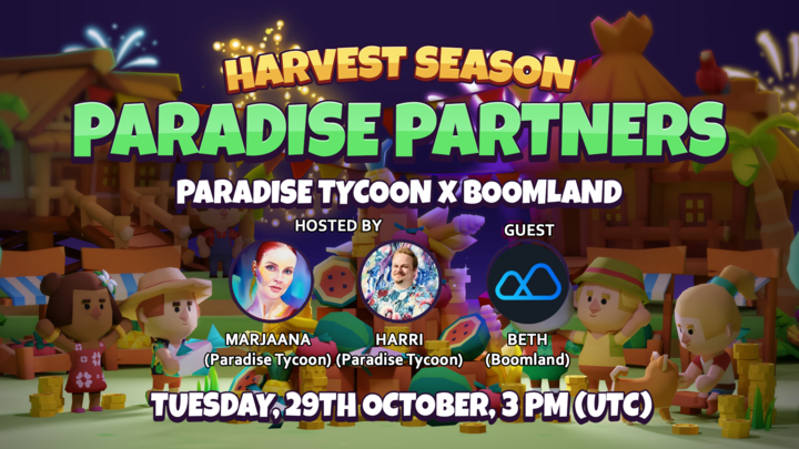 Join us for Paradise Partners Spaces! 🎙️🌴

Harvest Season is here, and we’re bringing in our Paradise Partners for exclusive talks!

Next up: <a href="/harrikarppinen/">Harri 🏝</a> &amp; @marjaanapasila chat with 
<a href="/BoomLandGames/">BoomLand</a>

📅 Tuesday Oct 29 | 3 PM UTC

Set your reminder below and tune in! 👇