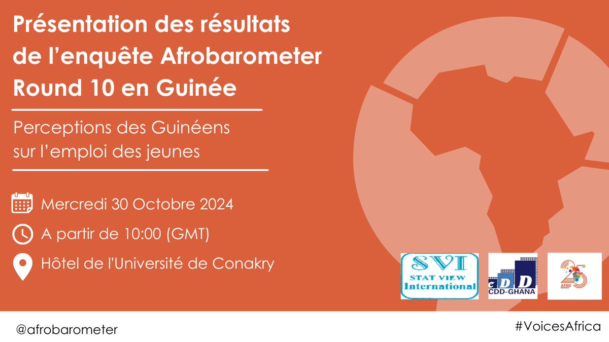Afrobarometer (@afrobarometer) on Twitter photo Ce mercredi 30 octobre, notre partenaire Stat View International (<a href="/ViewStat/">Stat View International</a>), diffusera lors d'un atelier public à l'hôtel de l'Université de Conakry, les résultats de l'enquête Afrobarometer Round 10 sur l'emploi des jeunes en Guinée.
Restez connectés pour plus d'informations Ce mercredi 30 octobre, notre partenaire Stat View International (<a href="/ViewStat/">Stat View International</a>), diffusera lors d'un atelier public à l'hôtel de l'Université de Conakry, les résultats de l'enquête Afrobarometer Round 10 sur l'emploi des jeunes en Guinée.
Restez connectés pour plus d'informations