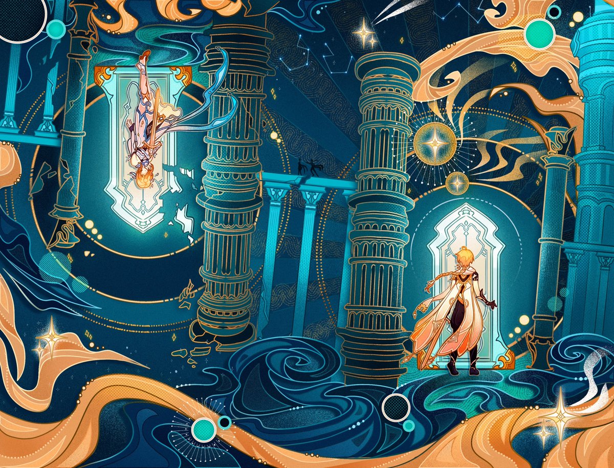 Altorina4's tweet image. The cover for the "Teyvat World Guide"  💫 #GenshinImpact  #bookillustration #Aether #Lumine