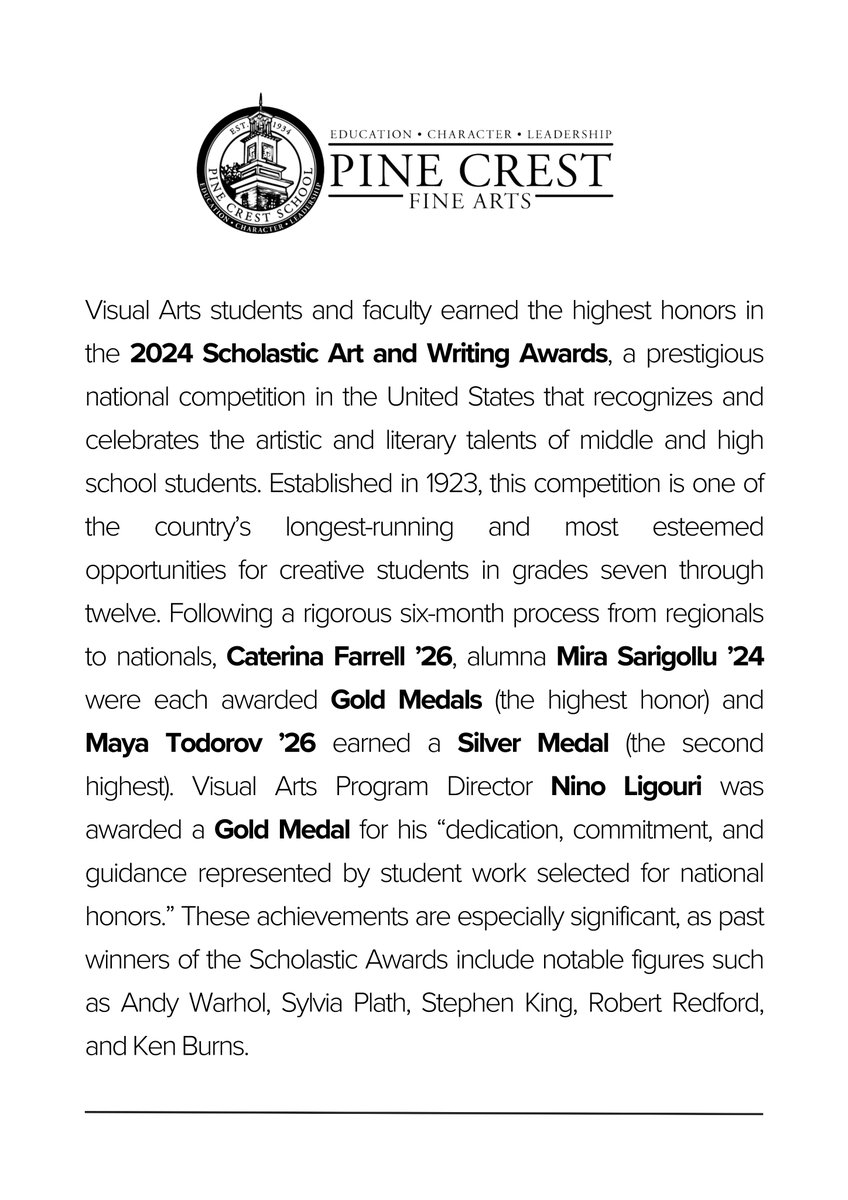 PineCrestArts's tweet image. #PCVisualArts students and faculty were awarded Gold and Silver Medals in 2024 Scholastic Art and Writing Awards! Click to the images to learn more about this national competition and the PC winners. #PCFineArts