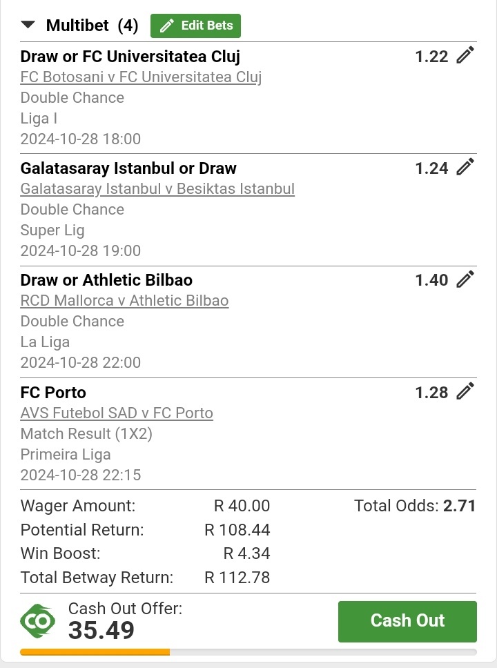 Day 1/5: Rollover Plan
📒 Bookie: <a href="/Betway_za/">Betway ZA</a>
📆 28 OCT, MON
⌚ Kick off: 18:00
👩‍💻 Booking code: X8203580C
📲 Booking link: betway.co.za/bookabet/X8203…
📈 ODDS: 2.71
#Betway #TipsPlug #BettingTips #Predictions #RolloverPlan #OddsOn