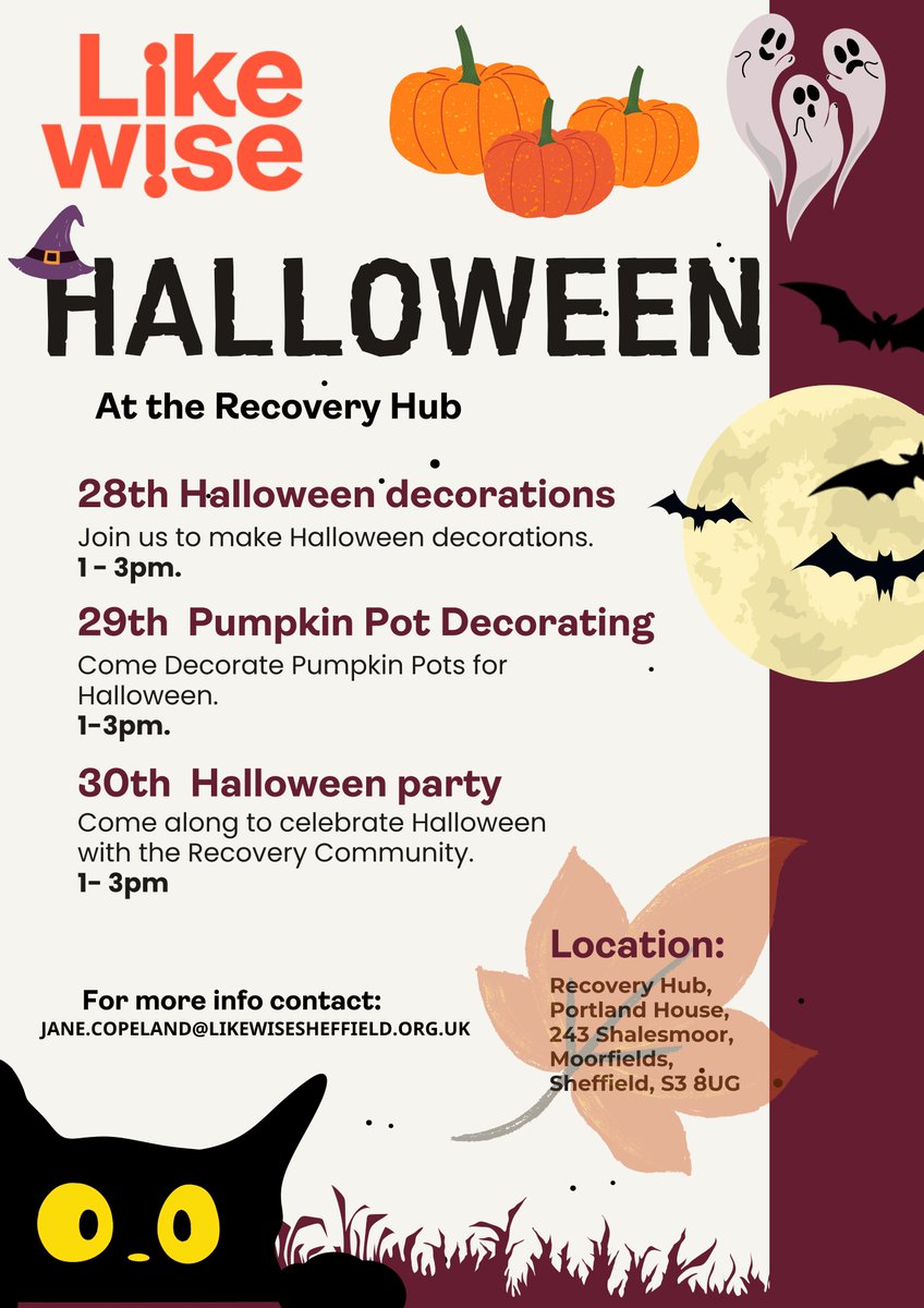 Join us for a week of Halloween fun! 
Everyone welcome. No need to book, just pop in.
- Monday 28th October make Halloween decorations. 1-3pm
- Tuesday 28th October decorate pumpkin pots 1-3pm
- Wednesday 30th October Halloween party  1-3pm