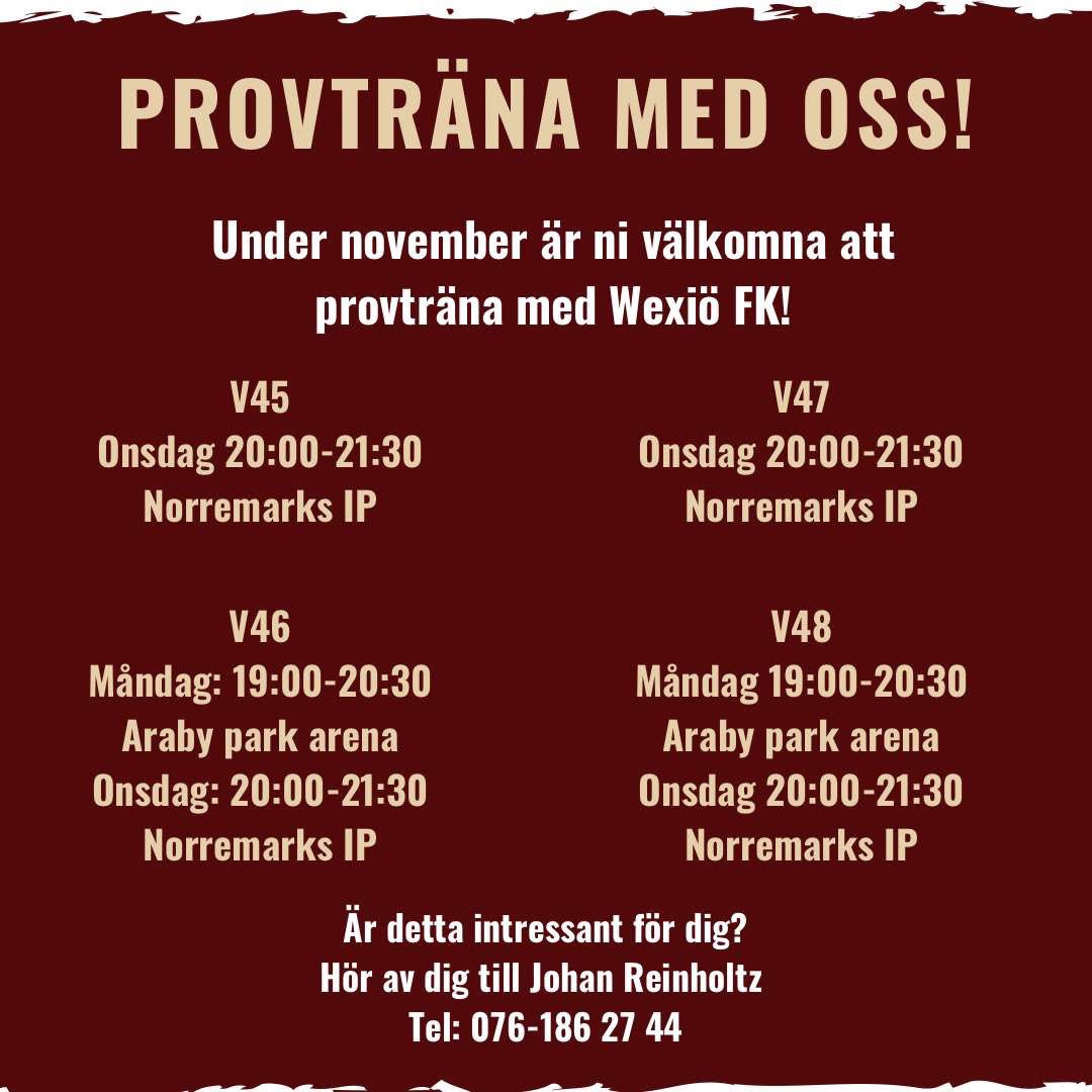 WexioFK's tweet photo. Är man intresserad av att provträna med oss, hör av er till Johan Reinholtz!

#WFK https://t.co/0hSpyGCImK