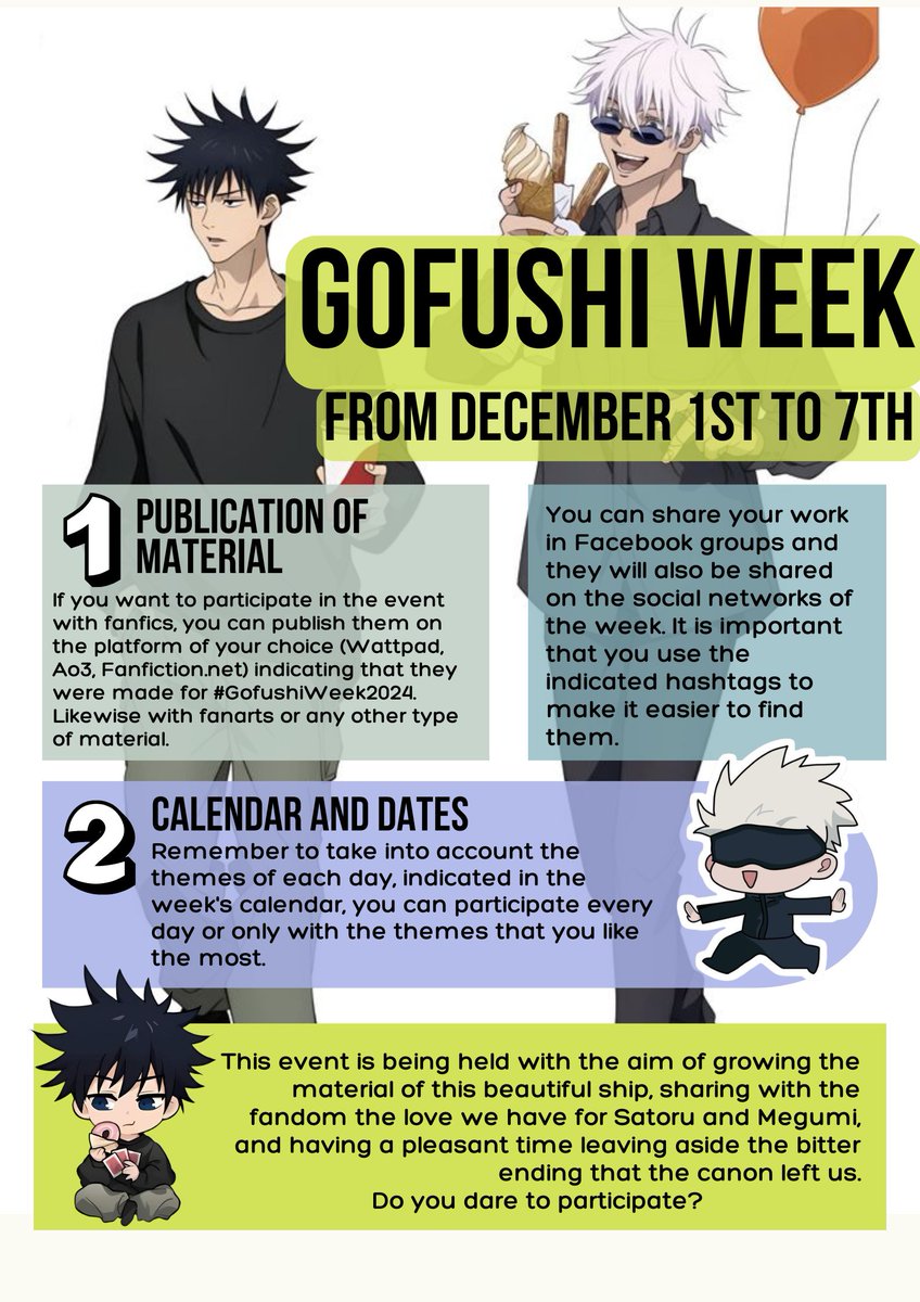 Ya estás pensando tus historias GoFushi?! 💙💚
Cualquier consulta, en comentarios.
Comparte para poder seguir promocionando el evento y que tengamos muchas historias nuevas para leer!! 🤞 
#gofushi #gofushiweek #gofushiweek2024 #gojoxmegumi #GoFushi2daEdicion