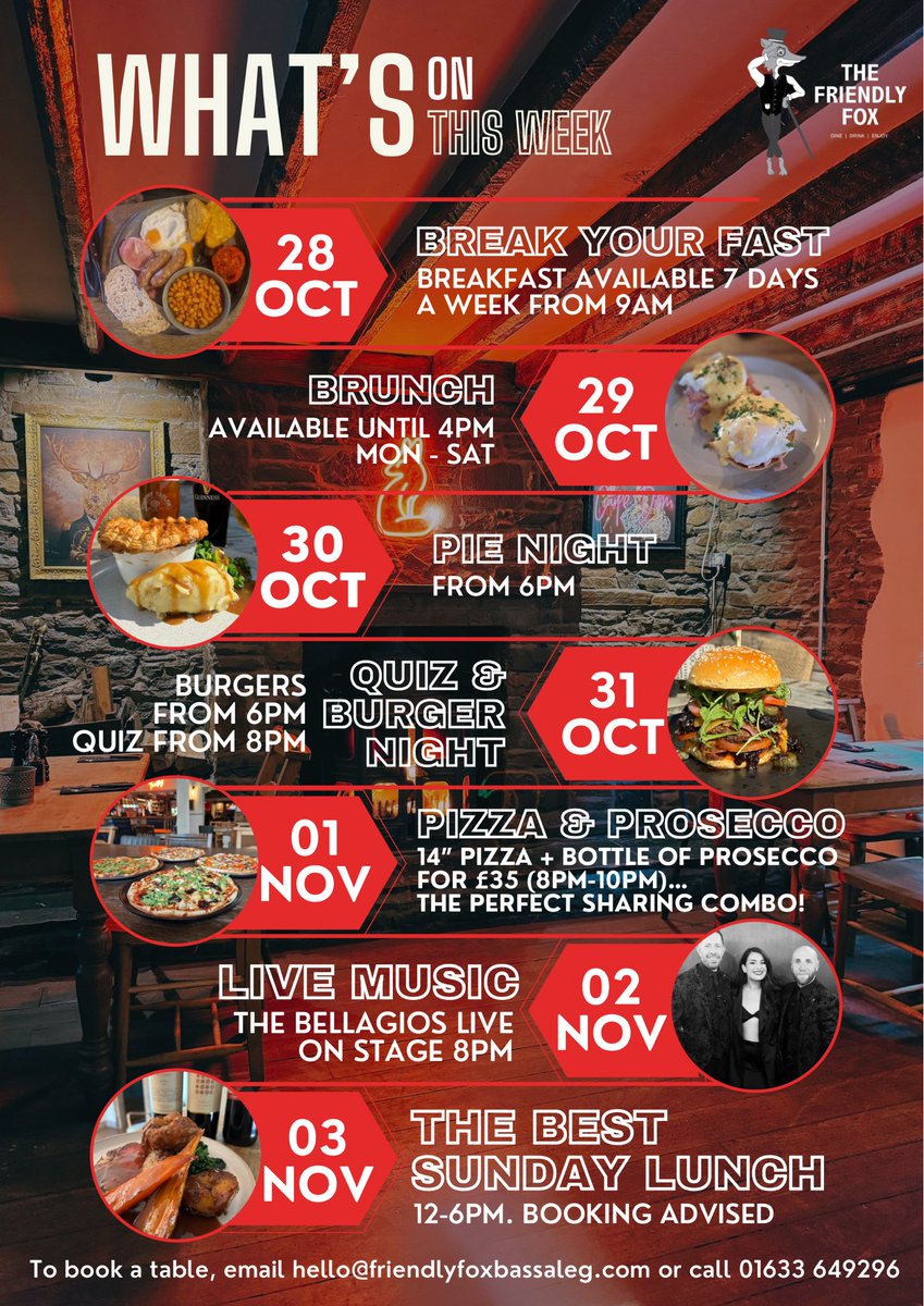 Get ready for a week filled with delicious food &amp; great vibes at The Fox🦊 

From tasty breakfasts to quiz nights &amp; live music, there's something for everyone.

Don't miss our Pizza &amp; Prosecco deal and the best Sunday lunch in town💪🏼

Reserve your spot now…