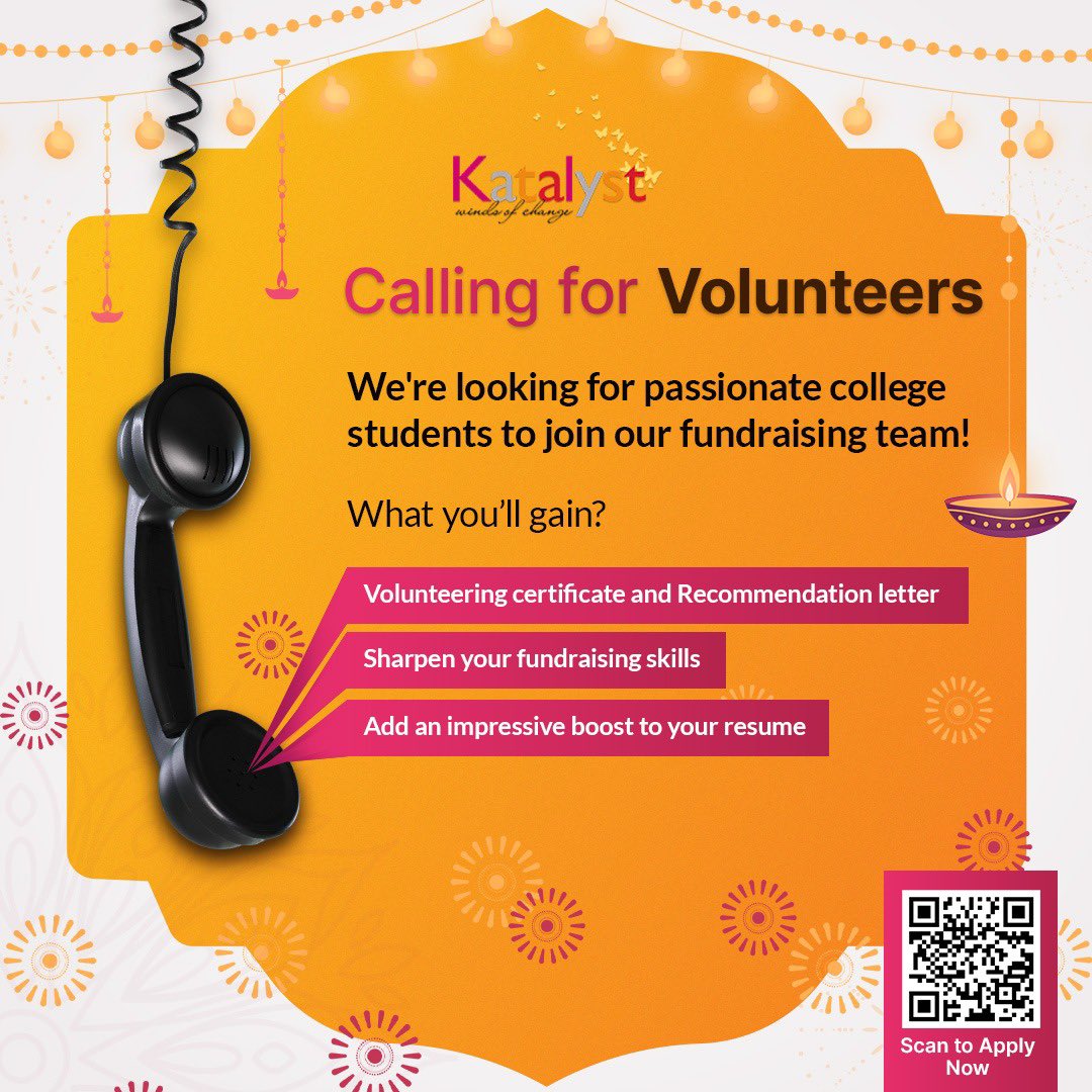 ✨ This Diwali, let’s be a light in the world! If you're anywhere between 16-25 years of age join Katalyst and help empower women through education. Want to be part of it? Fill the form- forms.gle/2ryWKSs8X5WGL4… 

#diwali #volunteer #fundraiser #ngo  #socialcause #katalyst
