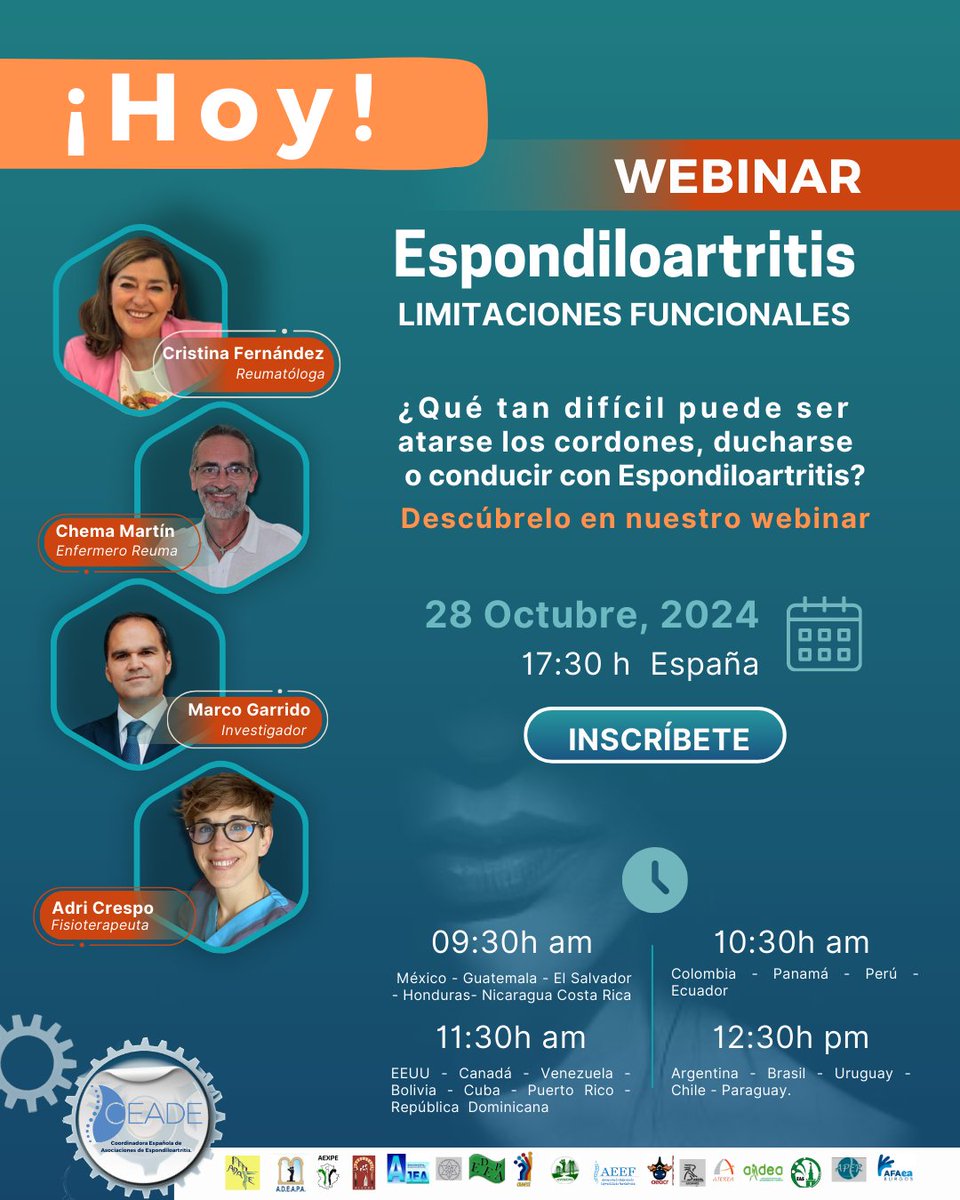 CEADE (@ceade_) on Twitter photo 🌟 ¡Hoy Webinar: "Espondiloartritis: Limitaciones Funcionales"! 🌟
🗓️ Fecha: Lunes 28 de octubre ⏰ Hora: 17:30h
📎 Inscríbete: i.mtr.cool/jypahixqqk 🌟 ¡Hoy Webinar: "Espondiloartritis: Limitaciones Funcionales"! 🌟
🗓️ Fecha: Lunes 28 de octubre ⏰ Hora: 17:30h
📎 Inscríbete: i.mtr.cool/jypahixqqk