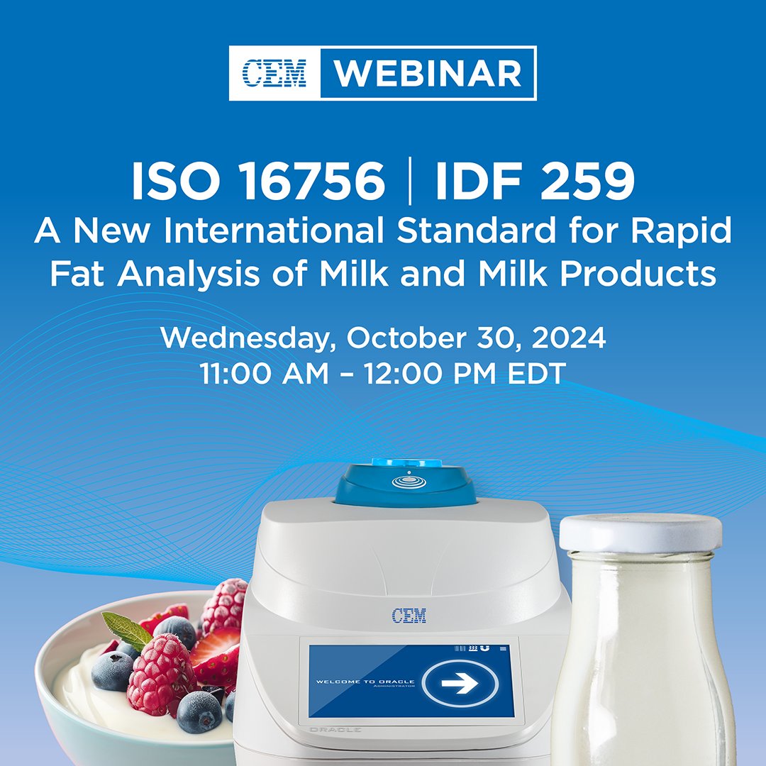 CEMcorporation's tweet image. Exciting times in the dairy industry! 🌟 Join our webinar this Wednesday on ISO 16756/IDF 259 for rapid fat analysis—transforming the future of milk and milk products testing! 🥛 Register today: ow.ly/4YH550THKJg #DairyIndustry #FatAnalysis #ISOapproved