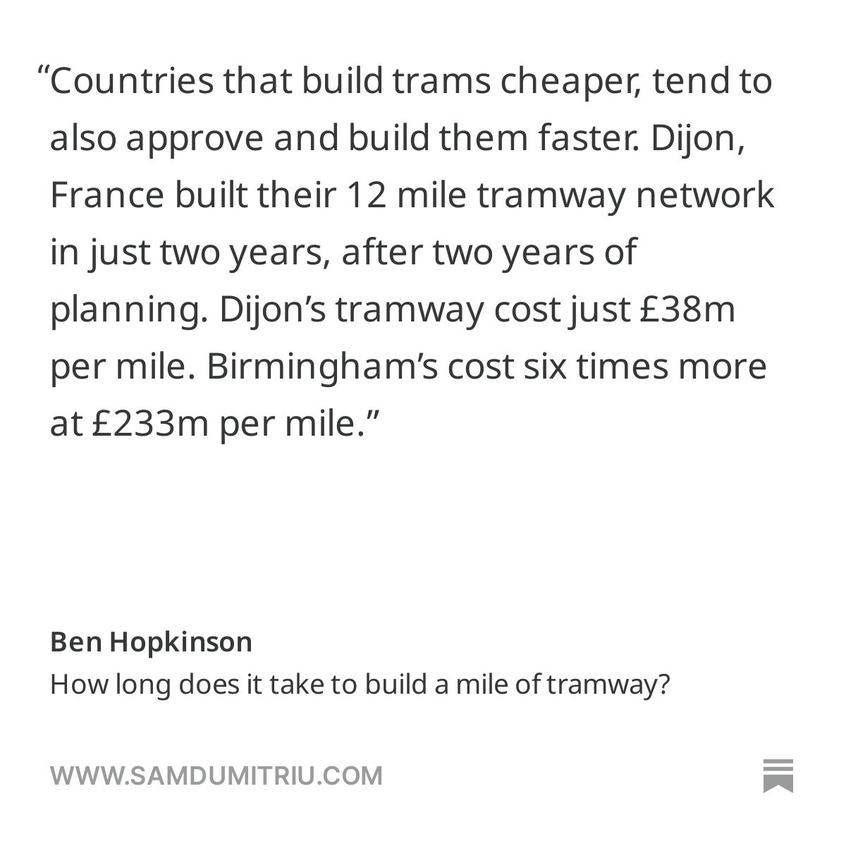 Sam Dumitriu (@sam_dumitriu) on Twitter photo "Birmingham is right now building a mile long extension to the West Midlands Metro, which will end up taking 13 years in total from the initial proposal to the first trams operating.
More than six years were spent in the planning process."
Read <a href="/Ben_A_Hopkinson/">Ben Hopkinson</a>'s latest. "Birmingham is right now building a mile long extension to the West Midlands Metro, which will end up taking 13 years in total from the initial proposal to the first trams operating.
More than six years were spent in the planning process."
Read <a href="/Ben_A_Hopkinson/">Ben Hopkinson</a>'s latest.