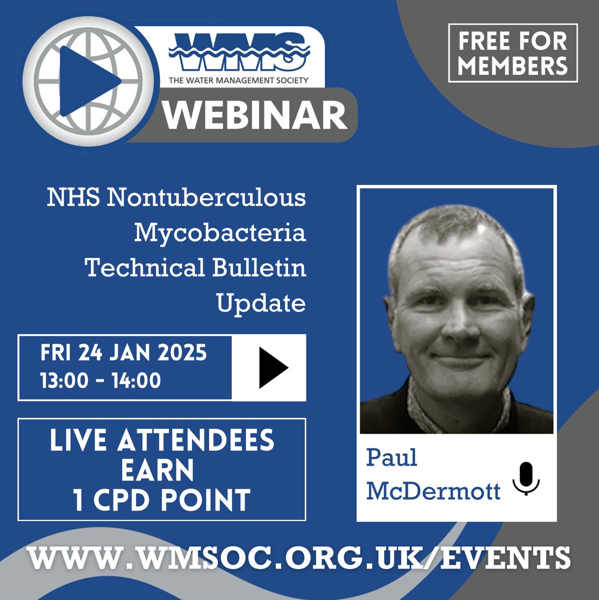 WMSoc1's tweet image. Announcing the next WMSoc #Webinar:

NHS #NontuberculousMycobacteria Technical #Update, presented by Paul McDermott!

#JoinUs #virtually on Friday 24th January 2025 at 1pm!

Available to #book NOW: wmsoc.org.uk/events/1191