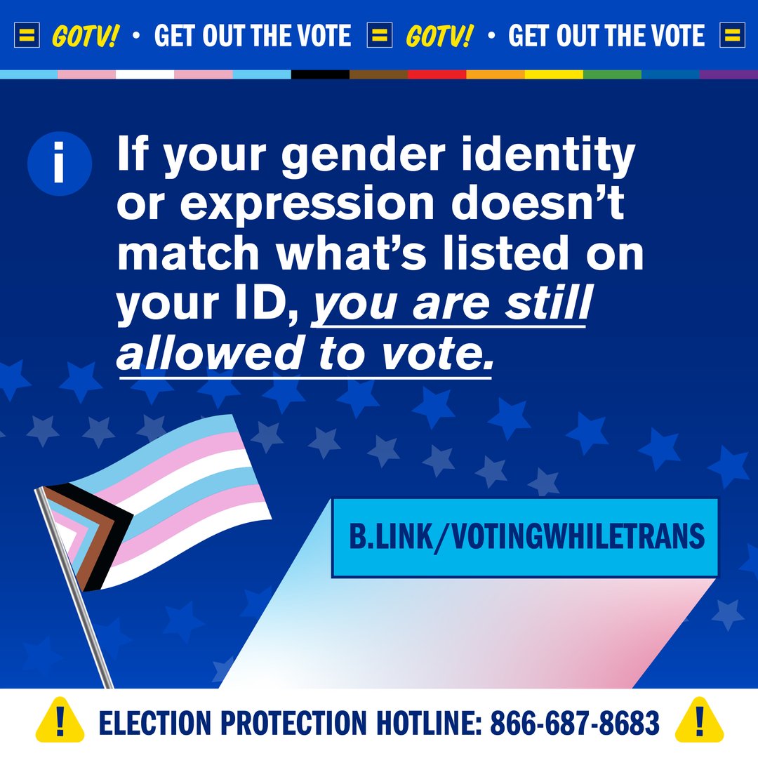 Hey, beautiful souls! Ready to flex your voting muscles? Your ID doesn’t have to match your gender identity at the polls! Know your rights and support each other. Check out Advocates for Trans Equality for resources to rock that ballot box! b.link/votingwhiletra…