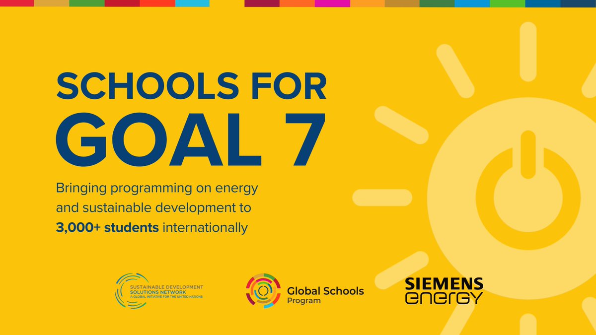 UNSDSN's tweet photo. 📣 @SDGsInSchools and @Siemens_Energy are excited to announce "Schools for Goal 7," a new program that will bring curriculum on renewable energy, climate change, and sustainability to 3,000+ students globally. 

Learn more 👉 https://t.co/WriTbpo7pv

#SDGs #SDG7 #SchoolsforSDG7 https://t.co/Y72kqa4PGF