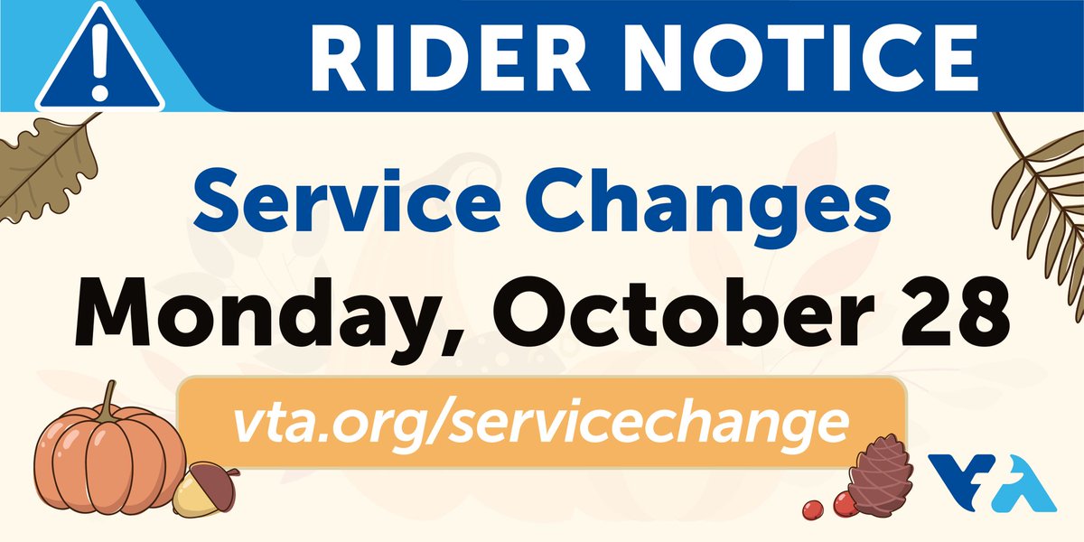 VTA's tweet image. Changes are here, and we aren’t just talking about the weather or the color of the leaves 🍂! October Service Changes go into effect today. Learn more: bit.ly/3zr328H #helloVTA #publictransit #CommuteSmart