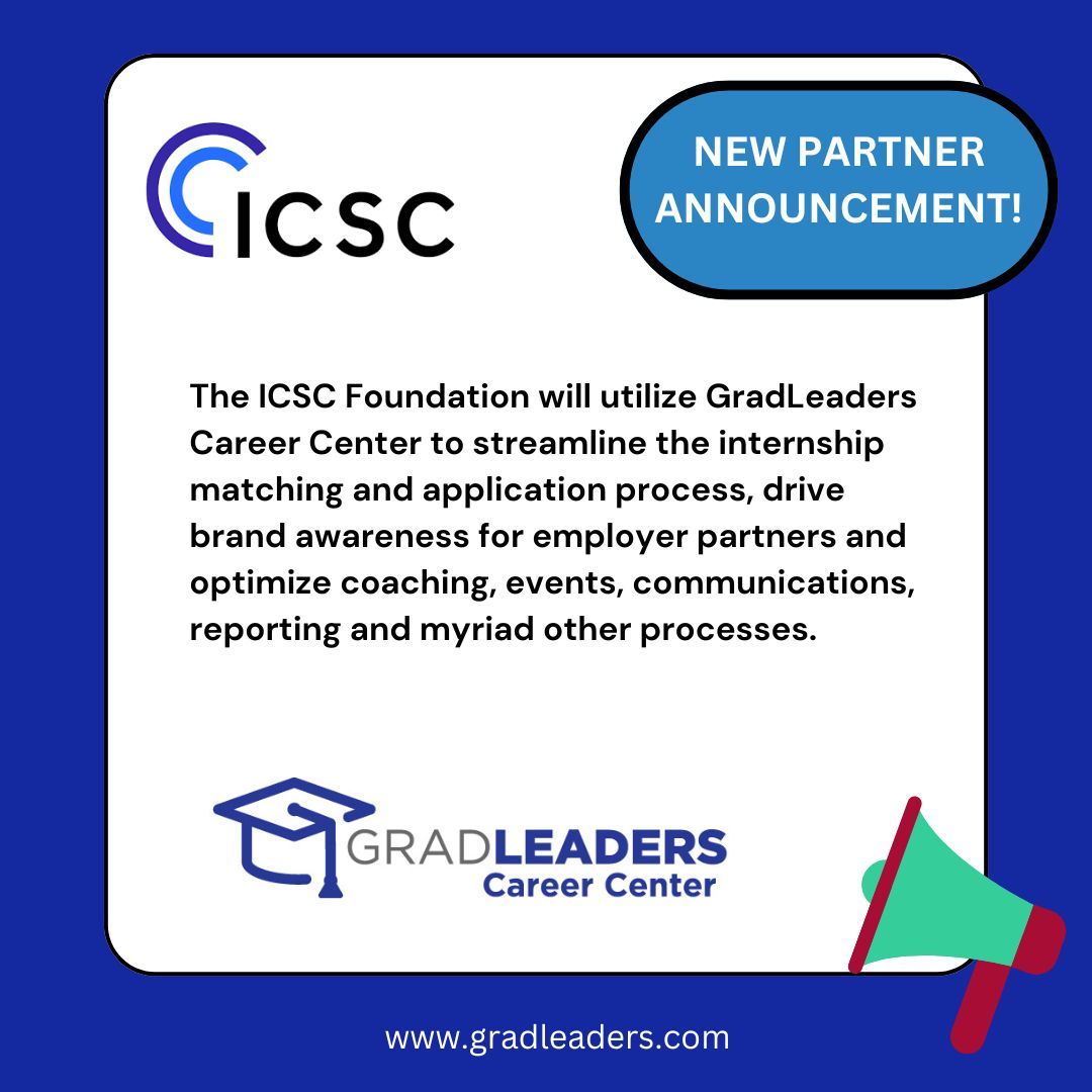 GradLeaders's tweet photo. We are pleased to welcome ICSC Foundation to the GradLeaders' network. They will be leveraging GradLeaders Career Center for their Talent Incubator: ICSC Internship Program.
#ICSCFoundation #talentincubator #partnership https://t.co/7JQeCwPEXT