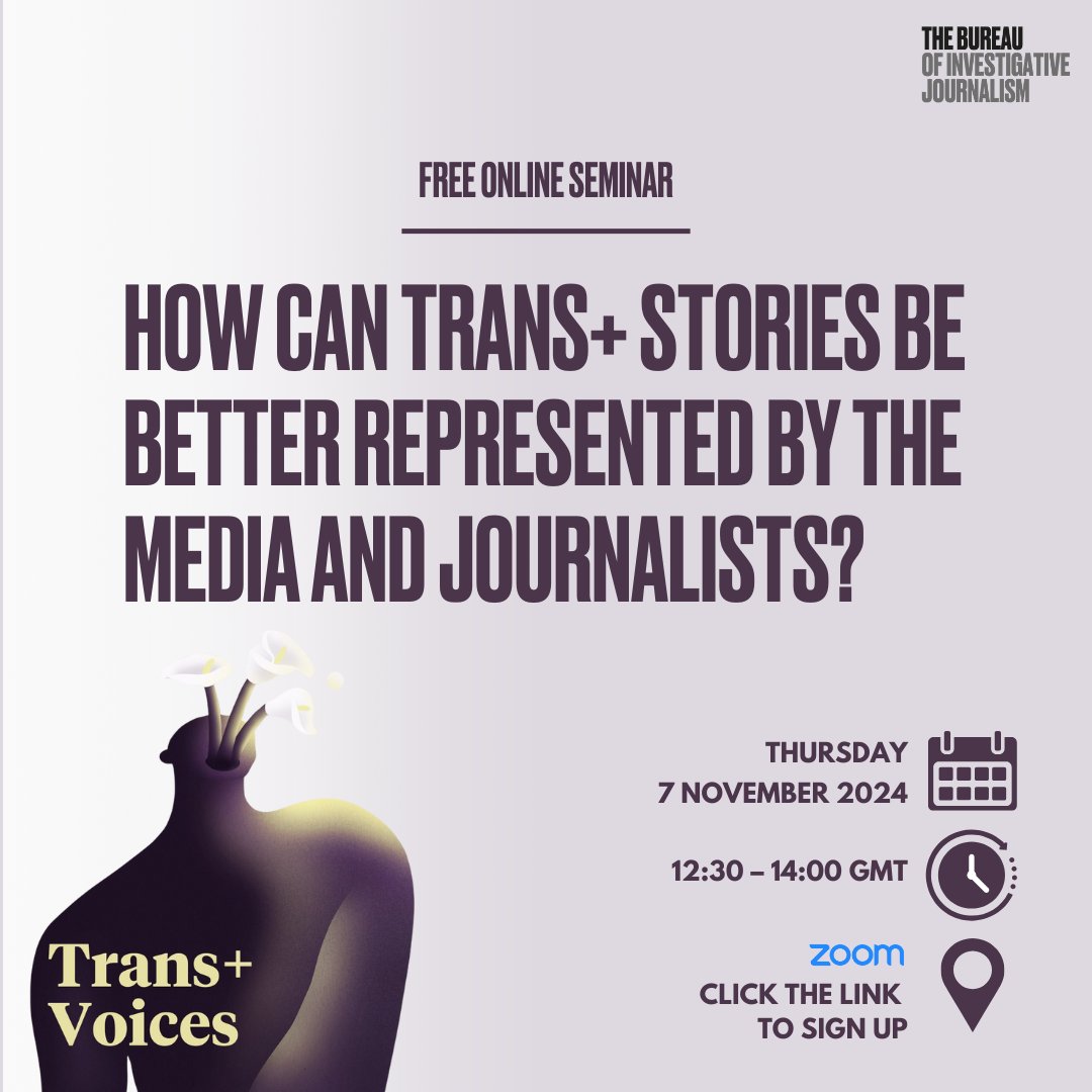 The Bureau Local (@bureaulocal) on Twitter photo How can trans+ stories be better represented by the media?
Journalists are invited to a panel discussion with <a href="/TBIJ/">The Bureau of Investigative Journalism</a>'s Trans+ Voices team at 12.30 on November 7.
We'll be discussing how to break down barriers to telling trans+ stories
Sign up here:
us06web.zoom.us/meeting/regist⦠How can trans+ stories be better represented by the media?
Journalists are invited to a panel discussion with <a href="/TBIJ/">The Bureau of Investigative Journalism</a>'s Trans+ Voices team at 12.30 on November 7.
We'll be discussing how to break down barriers to telling trans+ stories
Sign up here:
us06web.zoom.us/meeting/registā¦