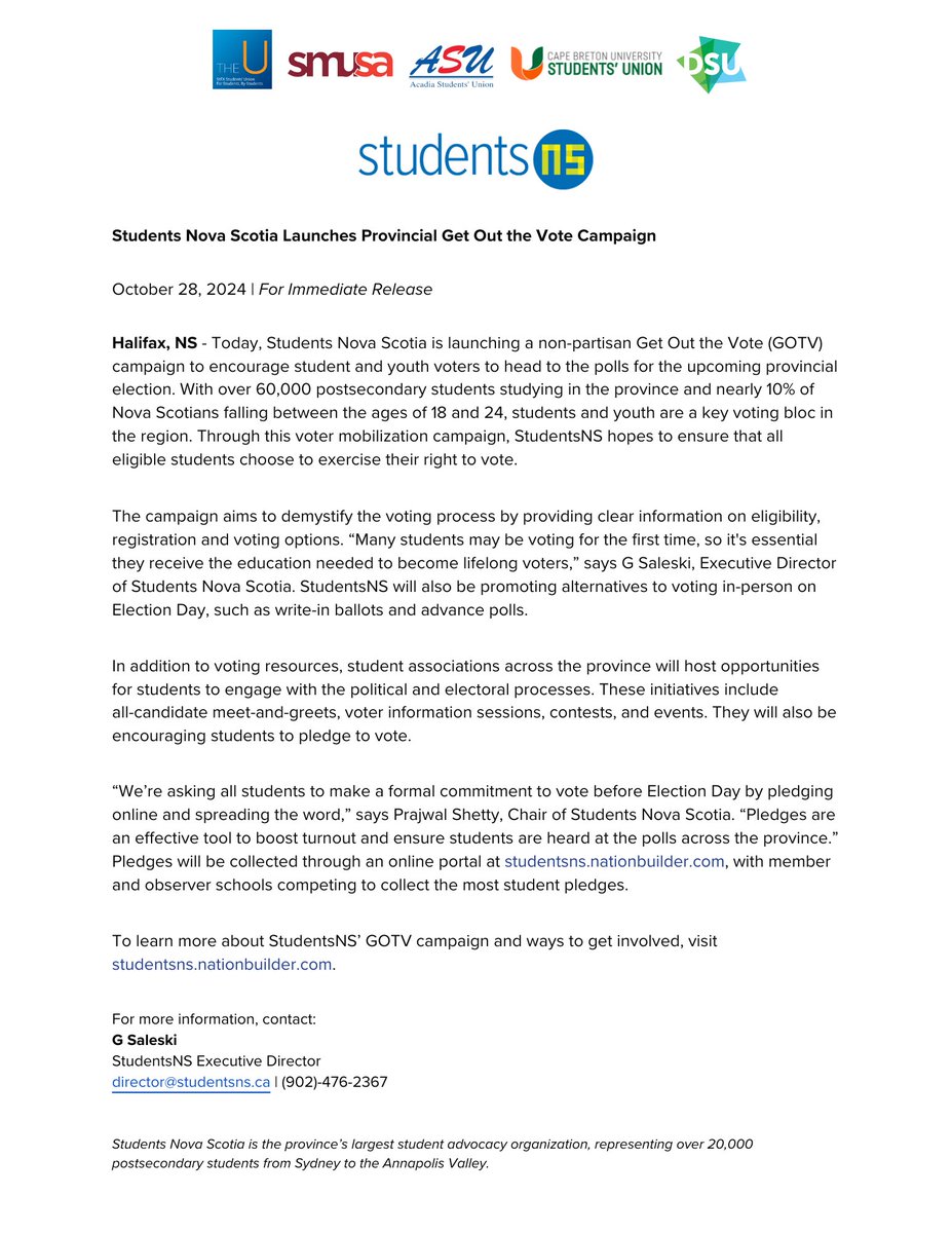 Today, StudentsNS launched our Get Out the Vote (#gotvns) campaign to encourage students to head to the polls for the upcoming NS election. Student unions across the province are supporting the campaign by providing voter info, hosting events and collecting pledges on campuses 🗳️