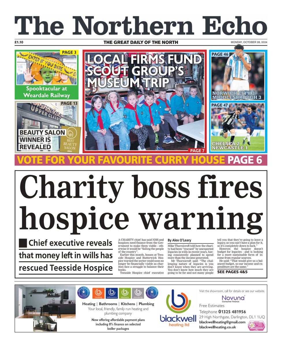 alexoljourno's tweet photo. Today's @TheNorthernEcho front page is the latest on my 'Hospices in Crisis' work

Last week, I visited Teesside Hospice to speak with care users, staff, and chief executive Mike Thornicroft about the 'vital' charity and the future of the sector https://t.co/JbDAQLWy2h