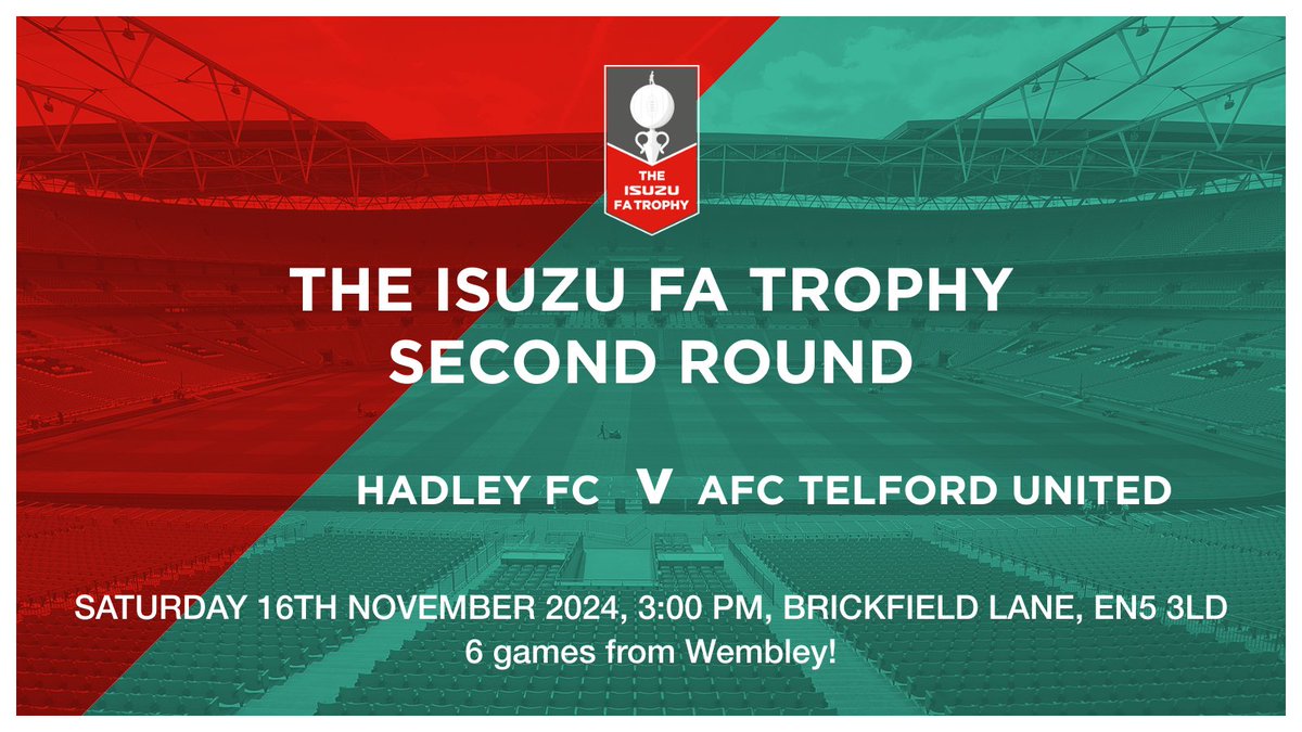 telfordutd's tweet image. FA TROPHY:
The Football Association has made the draw for the second round of the @Isuzuuk FA Trophy.
We have been given an away tie, and will travel to @hadleyfc of the @SouthernLeague1 Central Division One on 16th November 2024.
Story: telfordunited.com/news/isuzu-fa-…