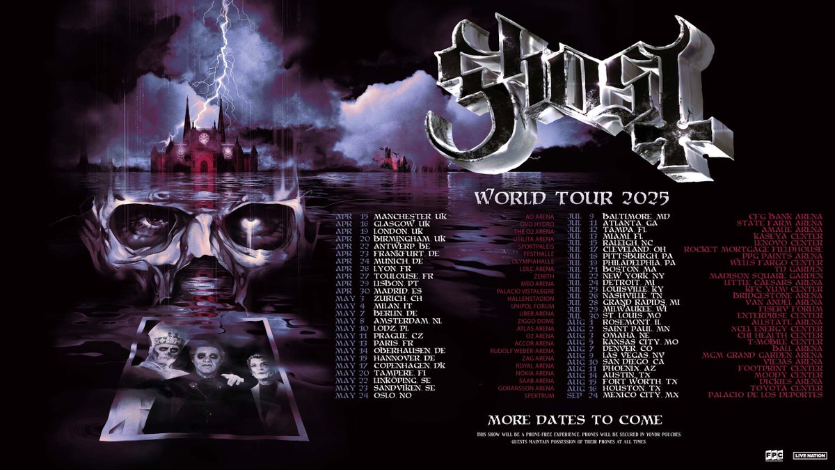 GHOST_IN_4K's tweet photo. Ghost biggest tour ever in 2025!
Every shows will be phone-free.
Below the announcement in 4K 🔥 https://t.co/0RXwHFsjPb