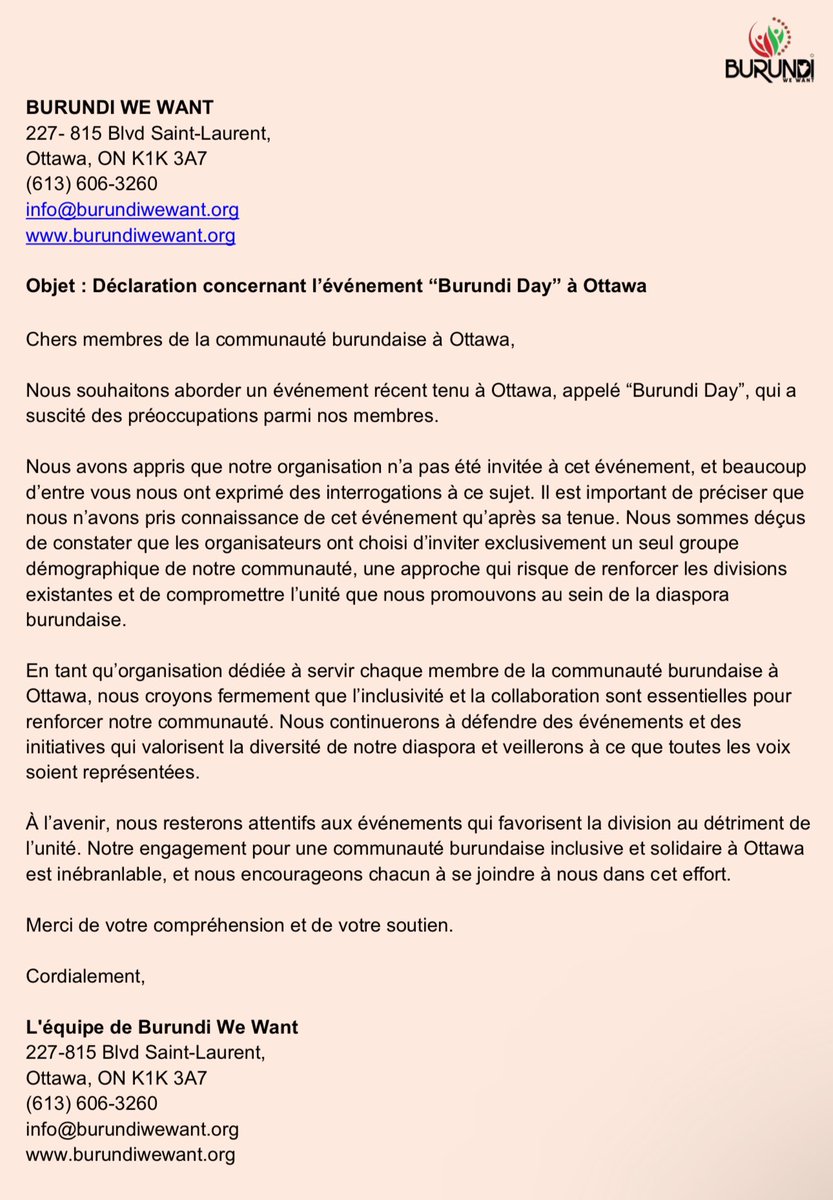 🔔 Déclaration concernant l’événement “Burundi Day” à Ottawa

#BurundiDay2024 #abatwip #burundiwewant #BurundiDay