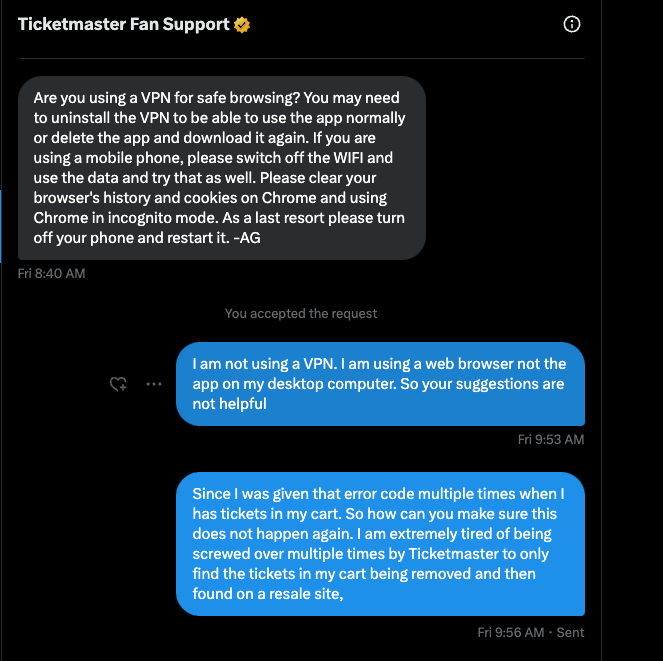 I just love that <a href="/Ticketmaster/">Ticketmaster</a> <a href="/TMFanSupport/">Ticketmaster Fan Support</a> reached out about my post to give me useless information and then ghosted me. Thanks for screwing over fans and allowing bots in. Where are the cart timers? Get your act together!!!