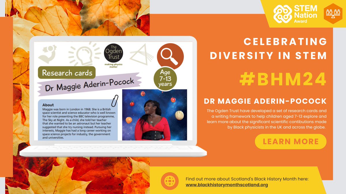 STEMedscot's tweet image. Meet Dr Maggie Aderin-Pocock - space scientist and presenter on @BBCStargazing and @CBeebiesHQ 💫 These @OgdenTrust resources help children learn about and celebrate the work of Black physicists 🪐

🔗ogdentrust.com/resources/rese…

#BHM24 #STEMnation #STEMequity