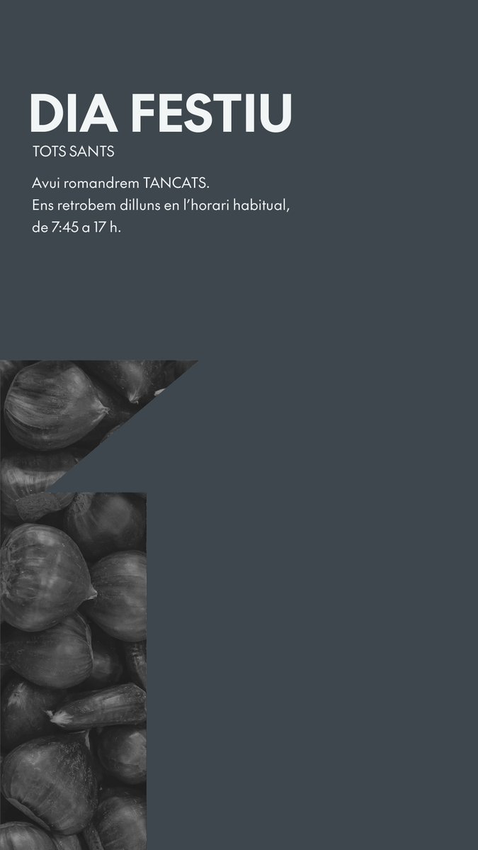 🌰 Bon dia! Aquesta setmana tenim algunes modificacions de l'horari habitual:
Dijous, obrim fins a les 14 h.
Divendres, tanquem.

🍠 ¡Buenos días! Esta semana tenemos algunas modificaciones del horario habitual:
Jueves, abrimos hasta las 14 h.
Viernes, cerramos.