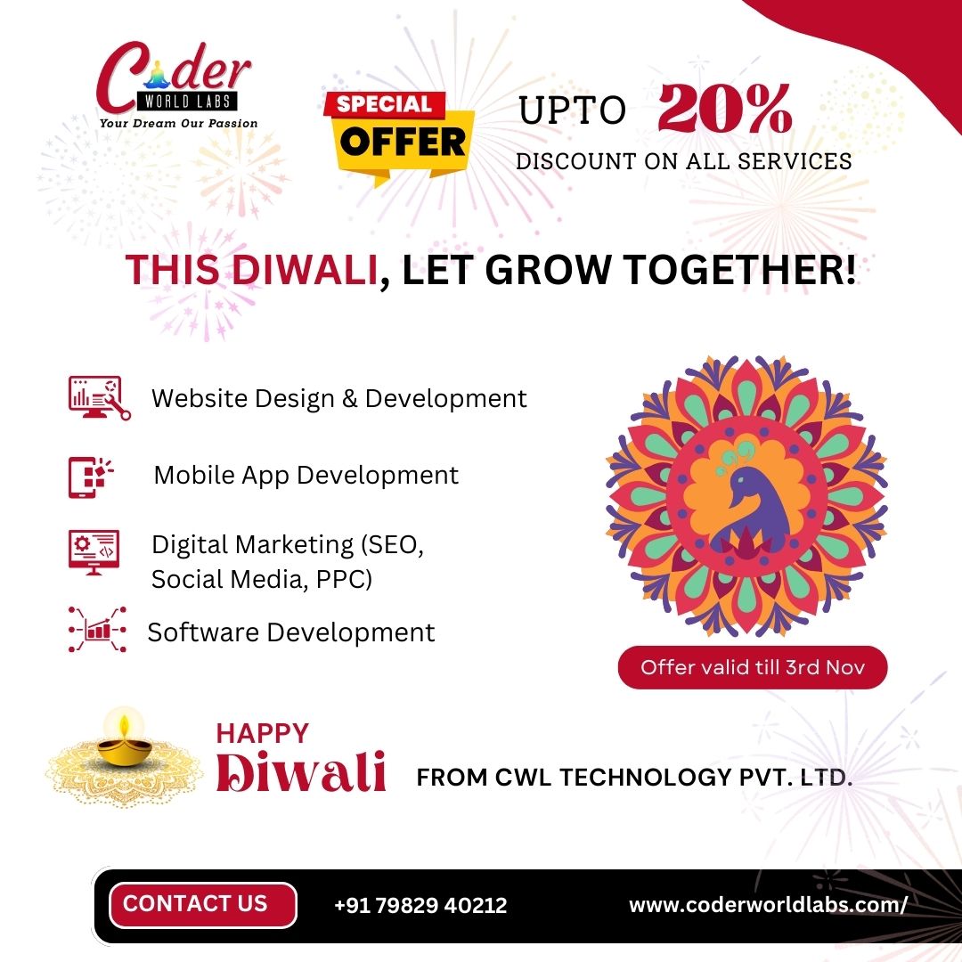 coderworld_labs's tweet image. 🌟 Diwali Special Offer: Up to 20% OFF on All Services! 🌟

 Offer Ends: November 3rd
📞 Contact Us: Coder World Labs 

✅website - coderworldlabs.com
✅ Connect us- WhatsApp at +91 79829 40212 / 0120-428 2136
✅ Mail - info@coderworldlabs.com

#DiwaliSpecial #DiscountOffer