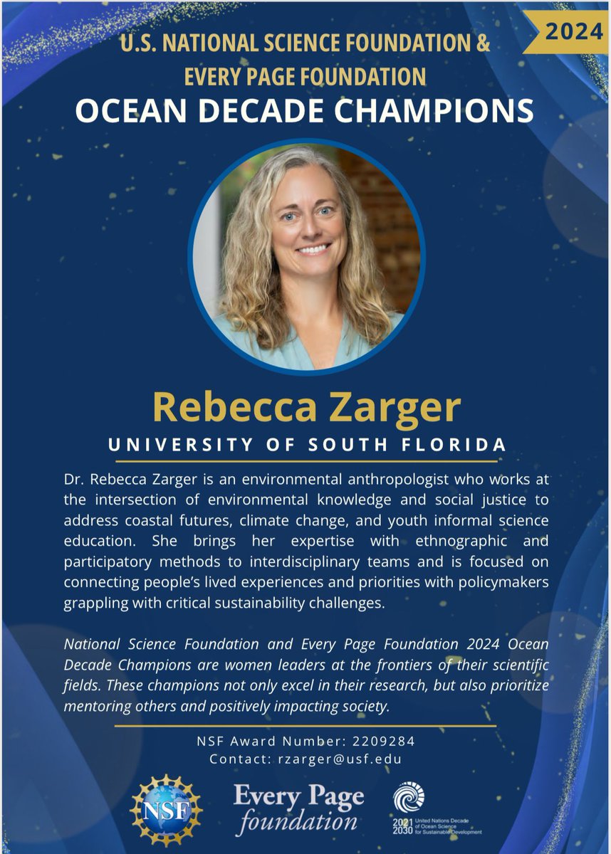Congratulations to Dr. Rebecca Zarger, named an Ocean Decade Champion by the U.S. National Science Foundation!