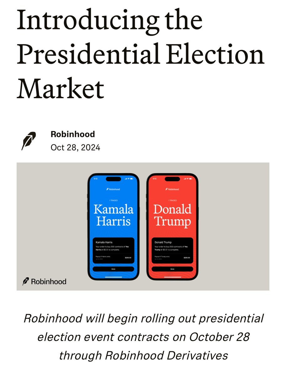 You can now bet on the election on Robinhood. The stock market, betting  markets, and crypto are all converging. The degenerate economy is taking  over.