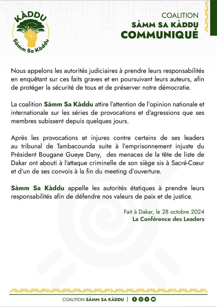 AServiteurs's tweet photo. 🚨🚨Communiqué de LA COALITION SÀMM SA KADDÙ 

#SenegalUnis 
#Senegal 
#Kebetu
#Amnestyinternational 
#legislative2024 https://t.co/GE4BCgDAsF