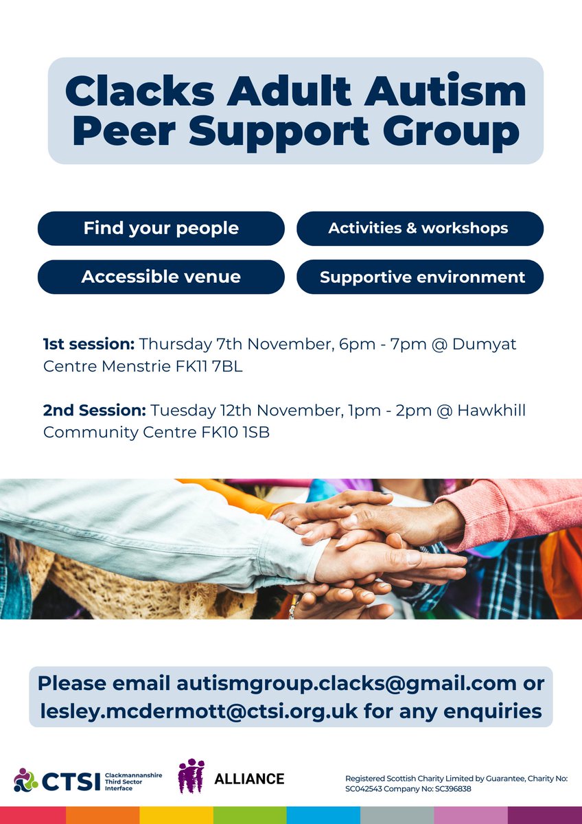 clacksCTSI's tweet image. 📣 Clacks Adult Autism Peer Support Group - Join Us! 🌟
We’re excited to share that our first two sessions are now in the diary! ⬇️