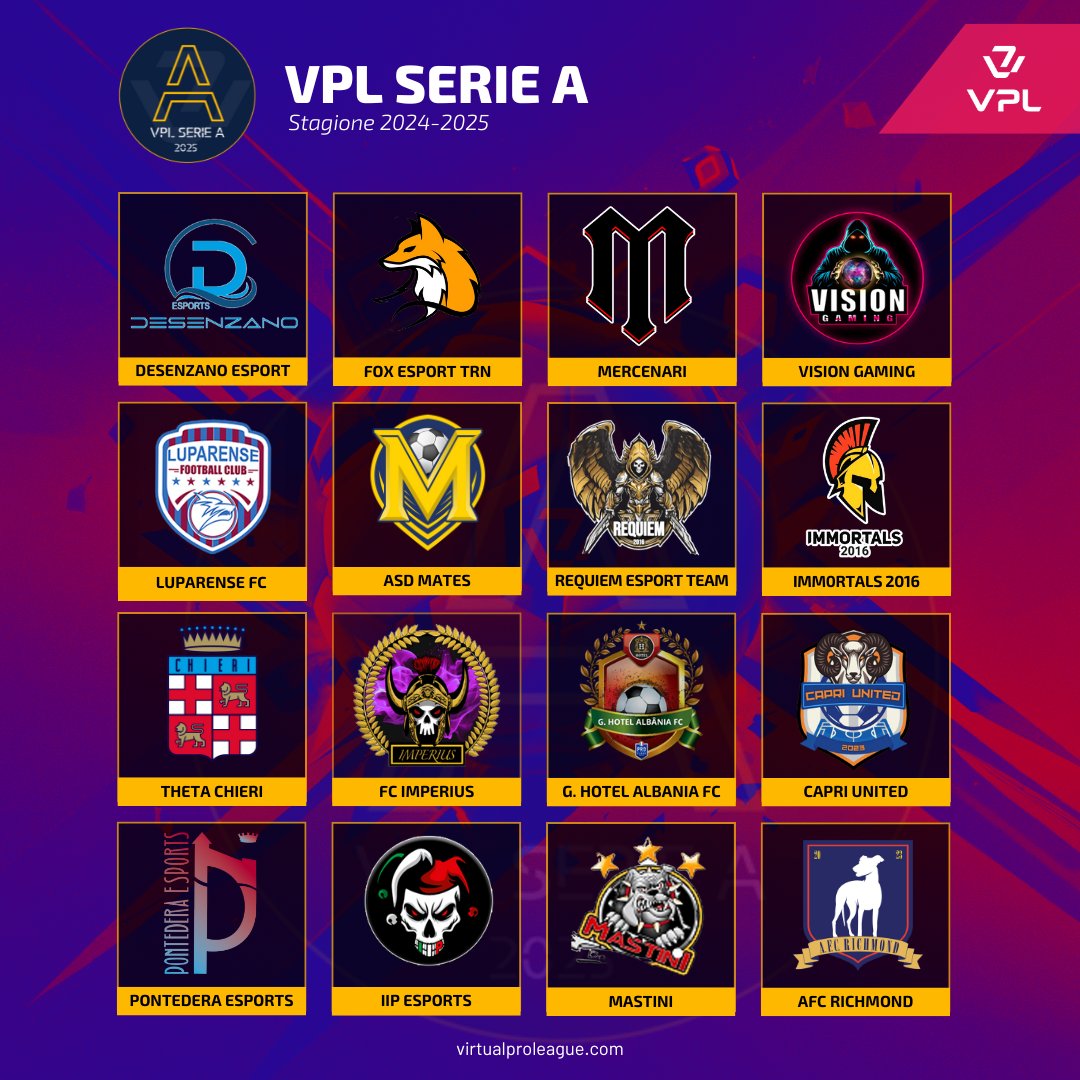 VPL Italy 🇮🇹 (@vplitaly) on Twitter photo 🏆 🅰️ Allo start le prime della classe in questa stagione di Serie A 2024/2025 targata VPL Italy.
All'appello abbiamo:
- <a href="/DSZ_eSports/">DESENZANO eSports</a>
- <a href="/FoxTrinacria/">FOX ESPORT TRN</a>
- <a href="/MercenariPS/">Mercenari ProClub</a>
- @vision_gaming
- <a href="/luparense/">Luparense FC</a>
- <a href="/AsdMates/">ASD Mates</a>
- <a href="/Requiem_proclub/">Requiem Esport Team</a>
- <a href="/2016immortal/">MADRE⚔️IMMORTALS</a>
- <a href="/ThetaChieri/">Theta Chieri</a>
- <a href="/TAURUS_FC_/">IMPERIUS</a> 🏆 🅰️ Allo start le prime della classe in questa stagione di Serie A 2024/2025 targata VPL Italy.
All'appello abbiamo:
- <a href="/DSZ_eSports/">DESENZANO eSports</a>
- <a href="/FoxTrinacria/">FOX ESPORT TRN</a>
- <a href="/MercenariPS/">Mercenari ProClub</a>
- @vision_gaming
- <a href="/luparense/">Luparense FC</a>
- <a href="/AsdMates/">ASD Mates</a>
- <a href="/Requiem_proclub/">Requiem Esport Team</a>
- <a href="/2016immortal/">MADRE⚔️IMMORTALS</a>
- <a href="/ThetaChieri/">Theta Chieri</a>
- <a href="/TAURUS_FC_/">IMPERIUS</a>