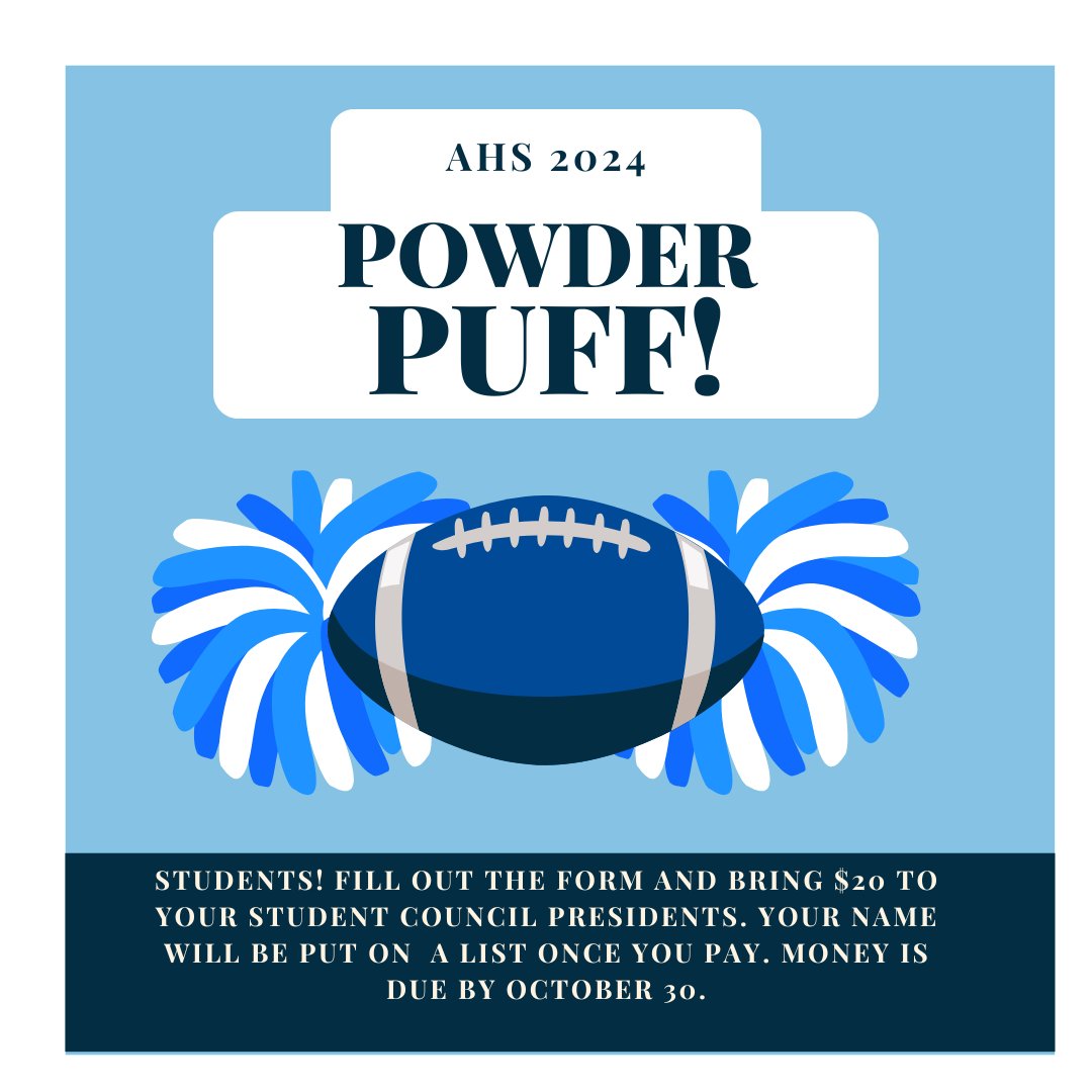 AynorHighSchool's tweet photo. BLUE JACKET POWDER PUFF FOOTBALL | AHS students who are interested in participating in the Powder Puff football game need to complete the link below. This is for AHS students only. Got Questions? See Ms. Thomas (ethomas@horrycountyschools.net). https://t.co/8zyzmSHiT8  #GoBigBlue https://t.co/4zPXQq4Zgi