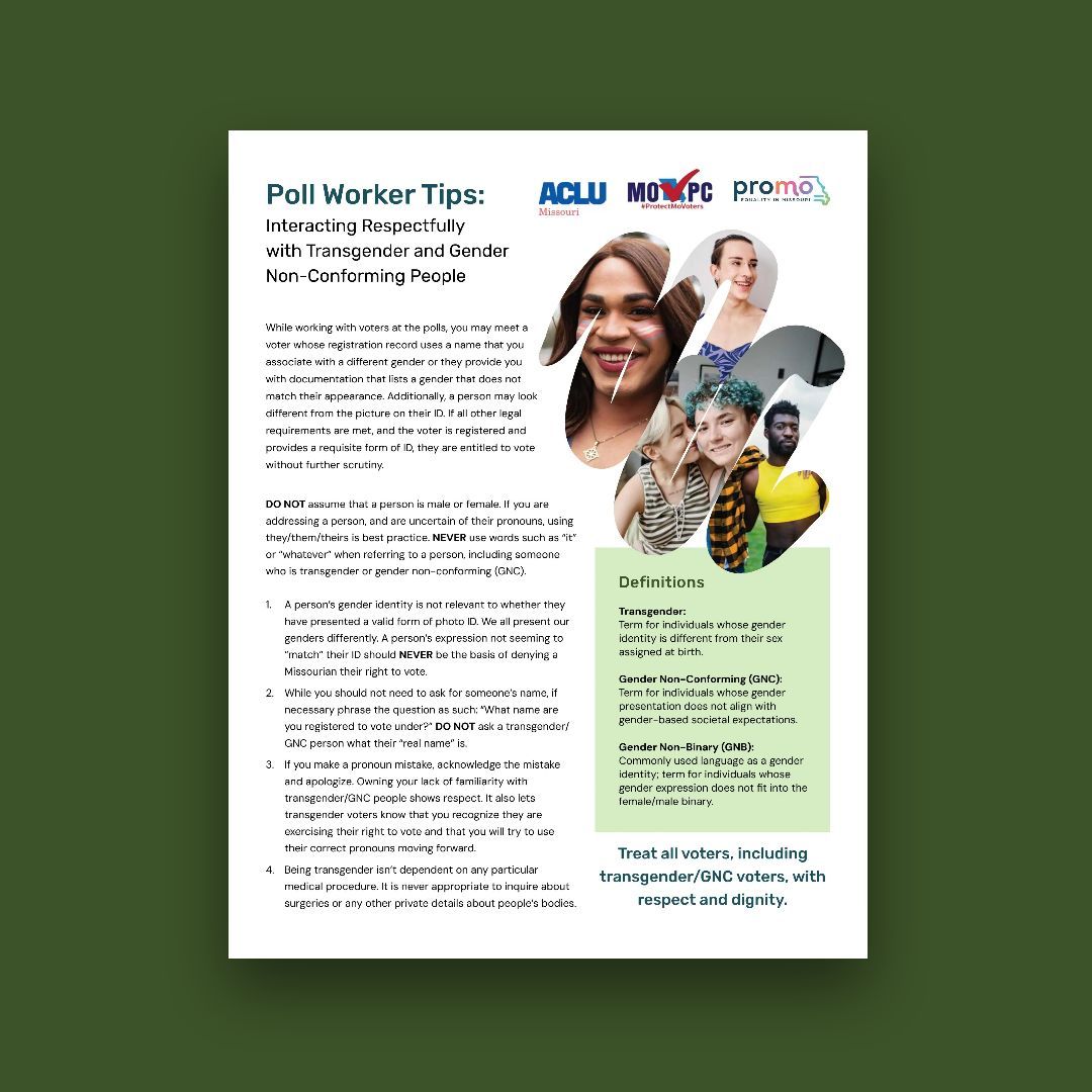 PROMO Missouri (@promomissouri) on Twitter photo New Resource Alert (for Poll Workers)! 🌟 In partnership with <a href="/aclu_mo/">ACLU of Missouri</a> and <a href="/ProtectVotersMO/">Missouri Voter Protection Coalition</a>, we put together tips for poll workers on how to interact with trans and gender non-conforming voters on Election Day. Check it out here: promomissouri.org/build-power/to… New Resource Alert (for Poll Workers)! 🌟 In partnership with <a href="/aclu_mo/">ACLU of Missouri</a> and <a href="/ProtectVotersMO/">Missouri Voter Protection Coalition</a>, we put together tips for poll workers on how to interact with trans and gender non-conforming voters on Election Day. Check it out here: promomissouri.org/build-power/to…