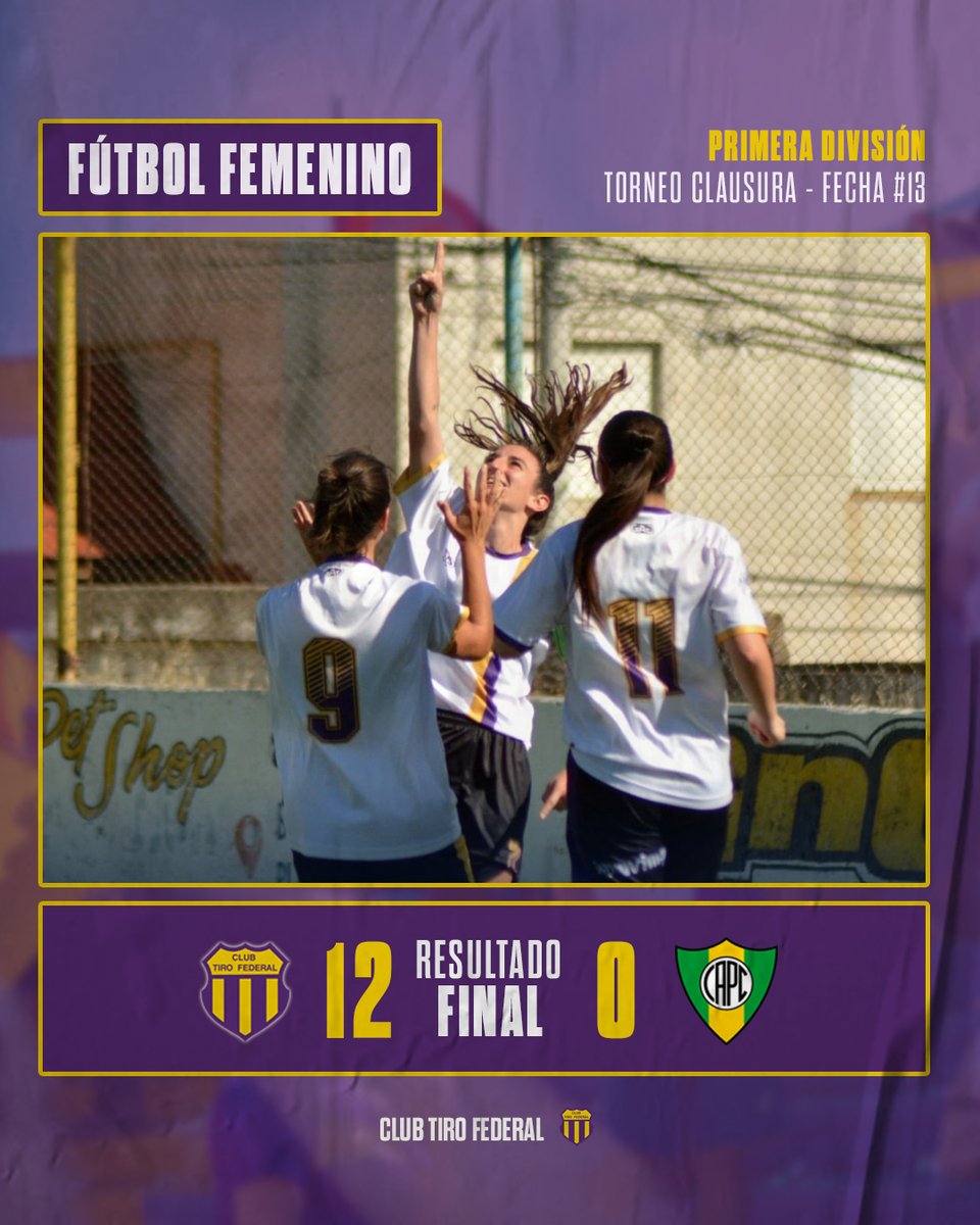 #FútbolFemenino⚽️ | 🔚 ¡Goleada en casa!

Fecha 13: 🟣🟡 #Tiro 12-0 Comercial 🟢🟡

⚽️ Rocío Chavez x3.
⚽️ Milagros Lucas x2.
⚽️ Priscila Arrimada x2.
⚽️ Marianela Santana x2.
⚽️ Agostina Caballero.
⚽️ Morena Juarez.
⚽️ Alfonsina Royo.

#VamosTiro 💜💛💜
#SentidoDePertenencia