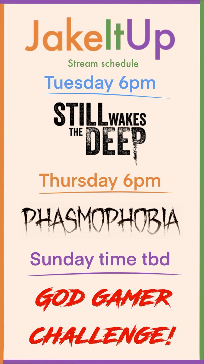 Jake_it_up's tweet photo. Not done one of these in a while! 

It’s spooky week, therefore I’ve decided to make an actual stream schedule for spooky adjacent things.

I’m VERY excited to check out Still Wakes the Deep, aiming for a full play through coz I understand it’s pretty short!

times are gmt

🔗👇 https://t.co/auU3avwza8